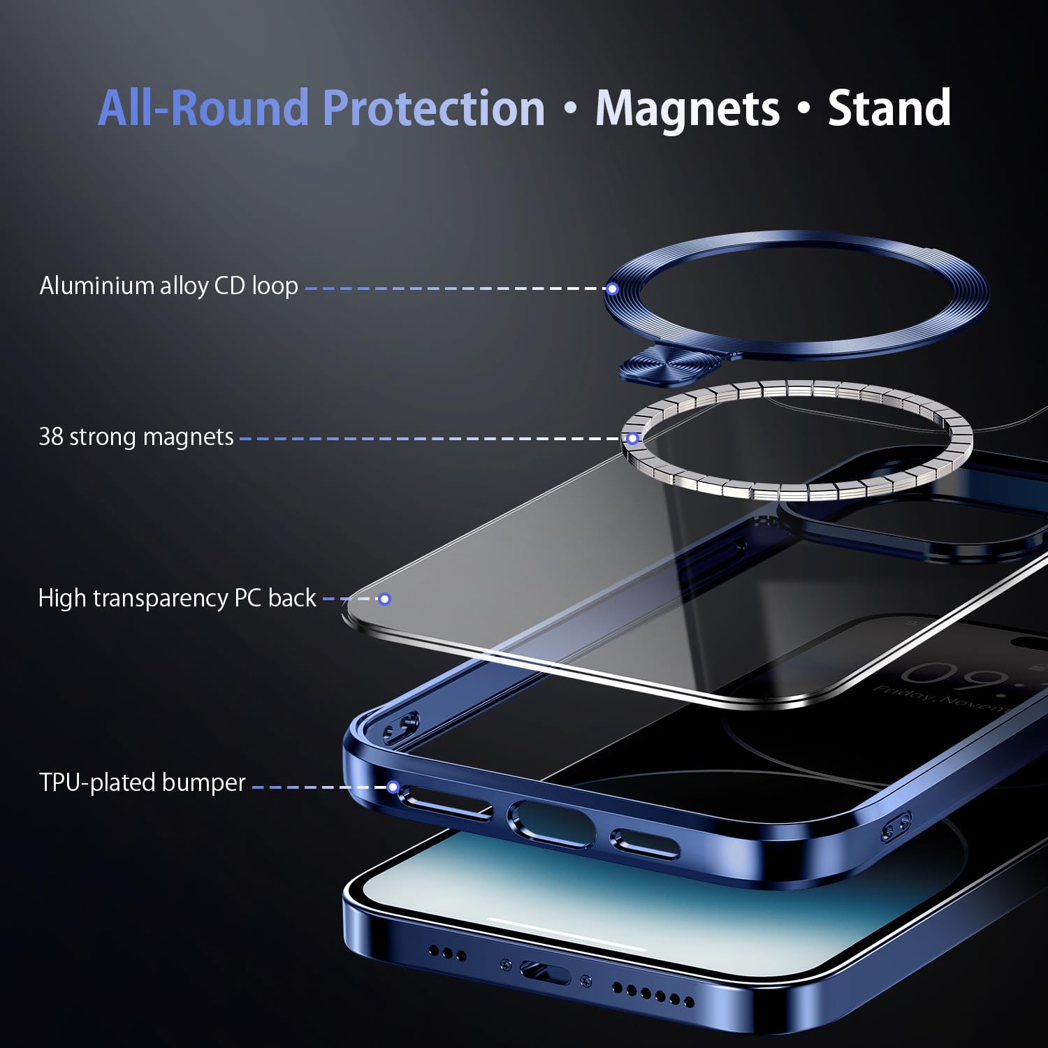 Tlikemiss [Cd Ring Compatible With Magsafe Invisible Stand] Magnetic For Iphone 15 Case, [Electroplated Bumper Non Yellowing][Lo