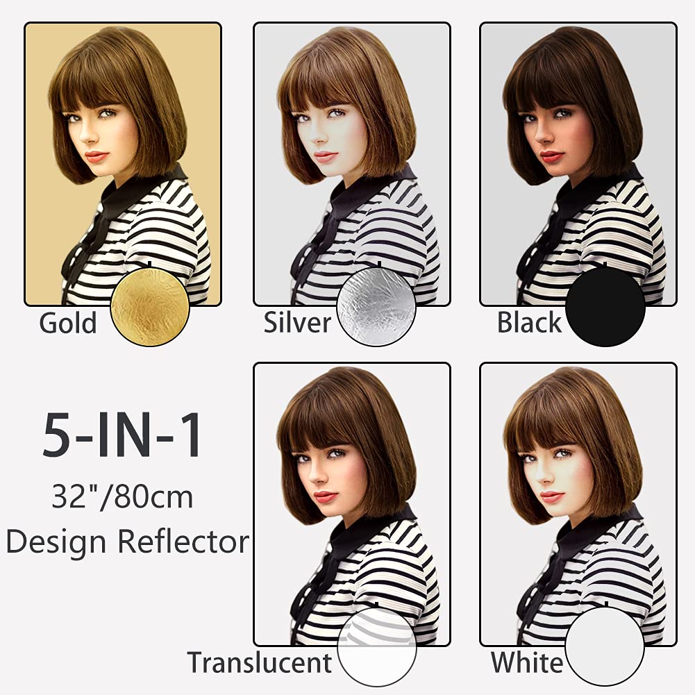 Aqirui 32Inch/80Cm 5 In 1 Collapsible Light Reflector Round Multi Disc With Bag Translucent, Silver, Gold, White And Black For P