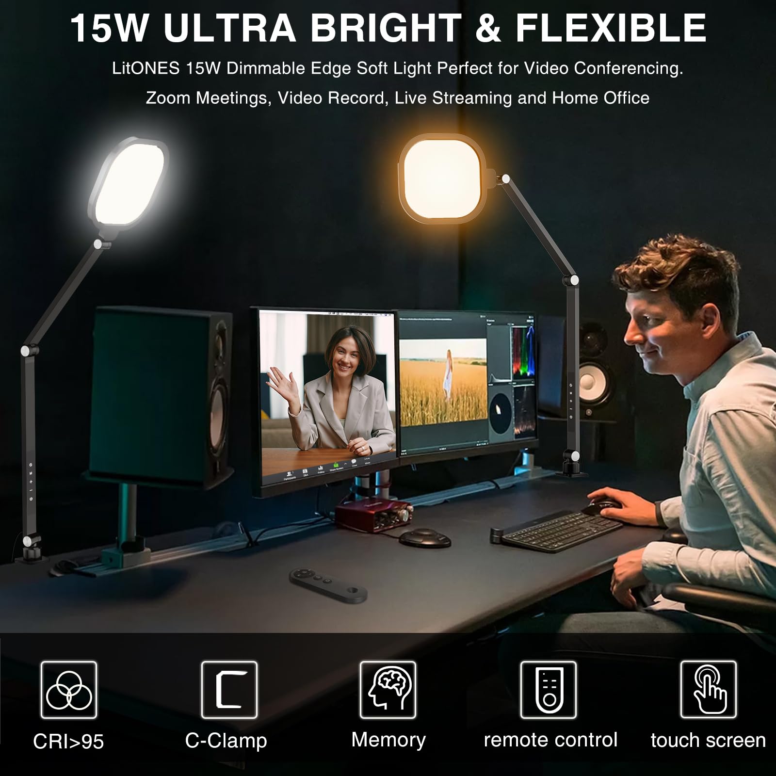 Litones Video Conference Light For Computer, Dimmable Zoom Lighting For Home Office, Video Calls, Meeting, Laptop & Webcam, 15W