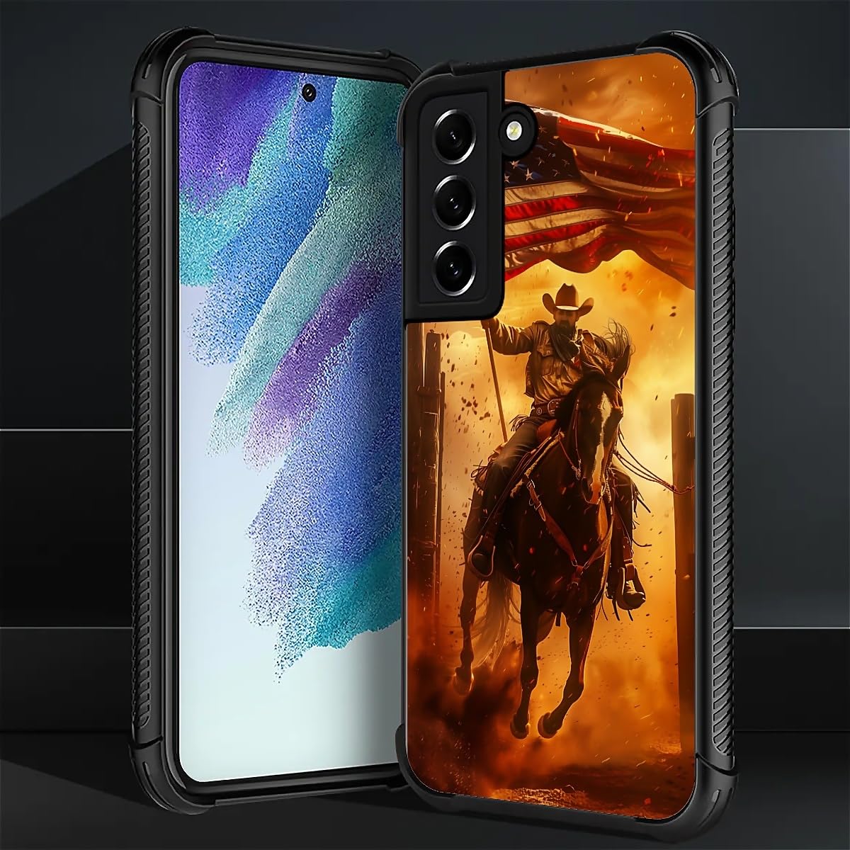 Carloca Compatible With Samsung Galaxy S21 Plus Case, Horse American Flag Cowboy Pattern For Girl Ultra Protection Shockproof So