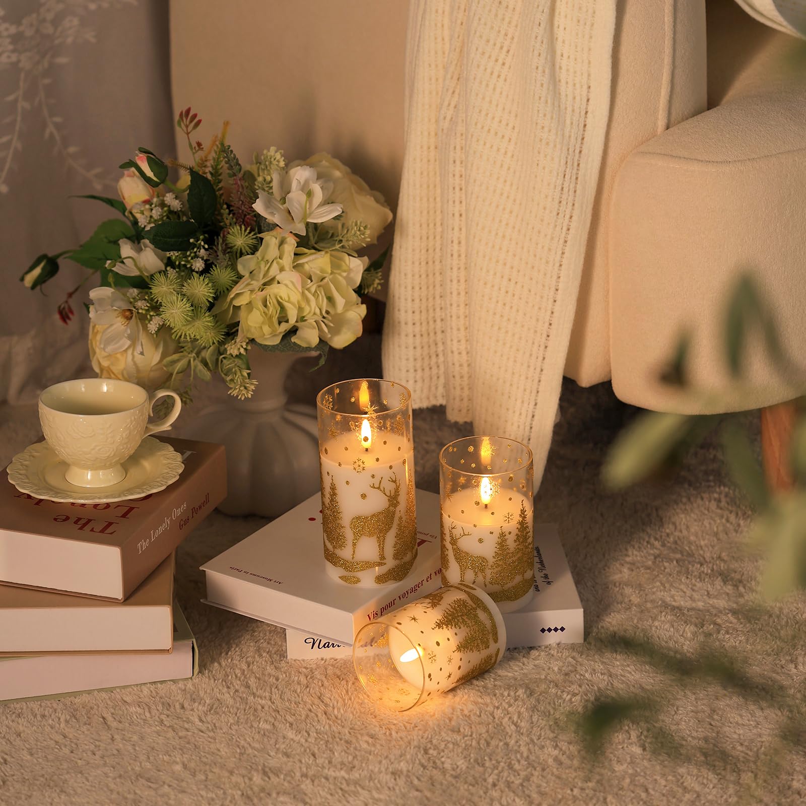 Flameless Candles With Remote, Real Wax Led Candles With Golden Snowflakes, Trees & Deer, Battery Operated Flickering Candles Wi