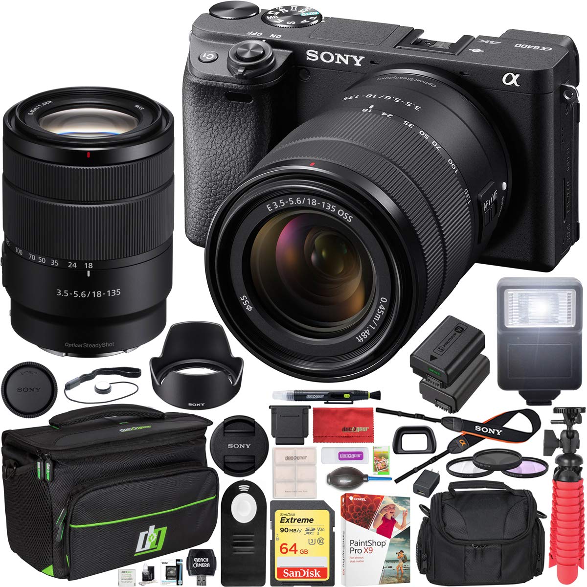 Sony a6400 4K Mirrorless Camera ILCE 6400M/B with 18 135mm F3.5 5.6 OSS Zoom Lens Kit and Deco Gear Travel Case Filter Set Extra Battery Remote & Flash Bundle