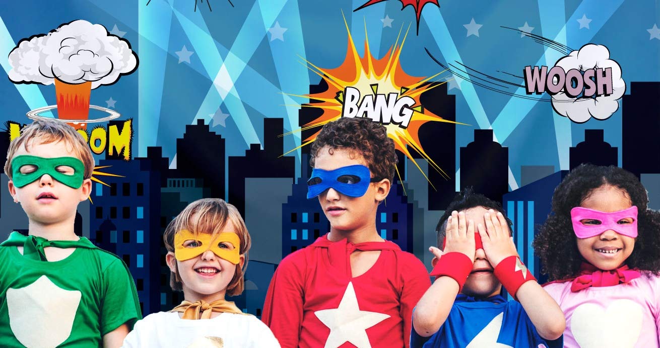 Superheroes Theme Party Photography Backdrop With Prop, Flag & Mask. Super Hero Cityscape Photo Booth Background For Kids Party,