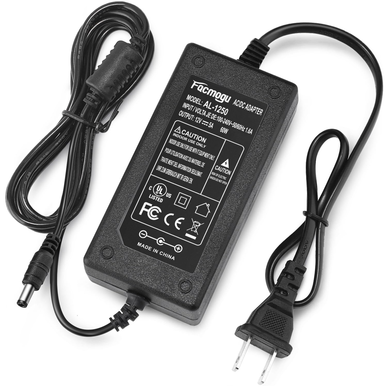 Facmogu 60W 12V 5A Ac/Dc Power Adapter, 100 240V Ac To Dc 12V 5A Power Suppy, 12 Volts 5 Amps Ac Dc Table Top Adapter, 60 Watts 12V 5A Switching Power Adaptor Converter, 5.5X2.5Mm & 5.5X2.1Mm Dc Plug