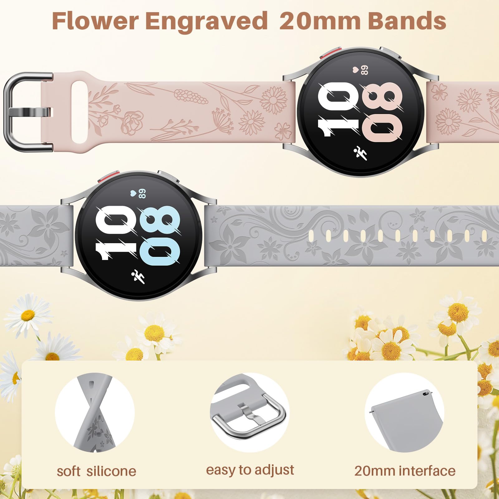 Flower Engraved Bands Compatible With Samsung Galaxy Watch 7/ Fe/ 6/5/ 4/ Active 2 40Mm 44Mm/ 5 Pro 45Mm/ Watch 6/4 Classic 43Mm