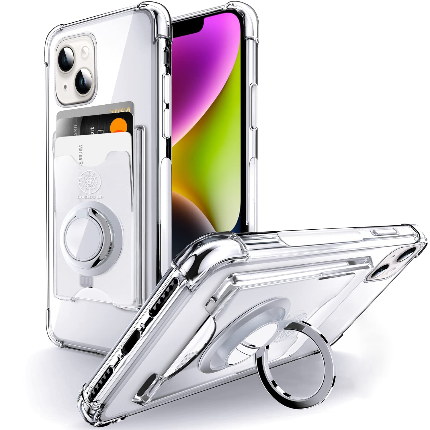Shields Up Designed for iPhone 14 Plus Case, Minimalist Wallet Case with Card Holder (3 Cards) and Ring Kickstand/Stand, [Drop P