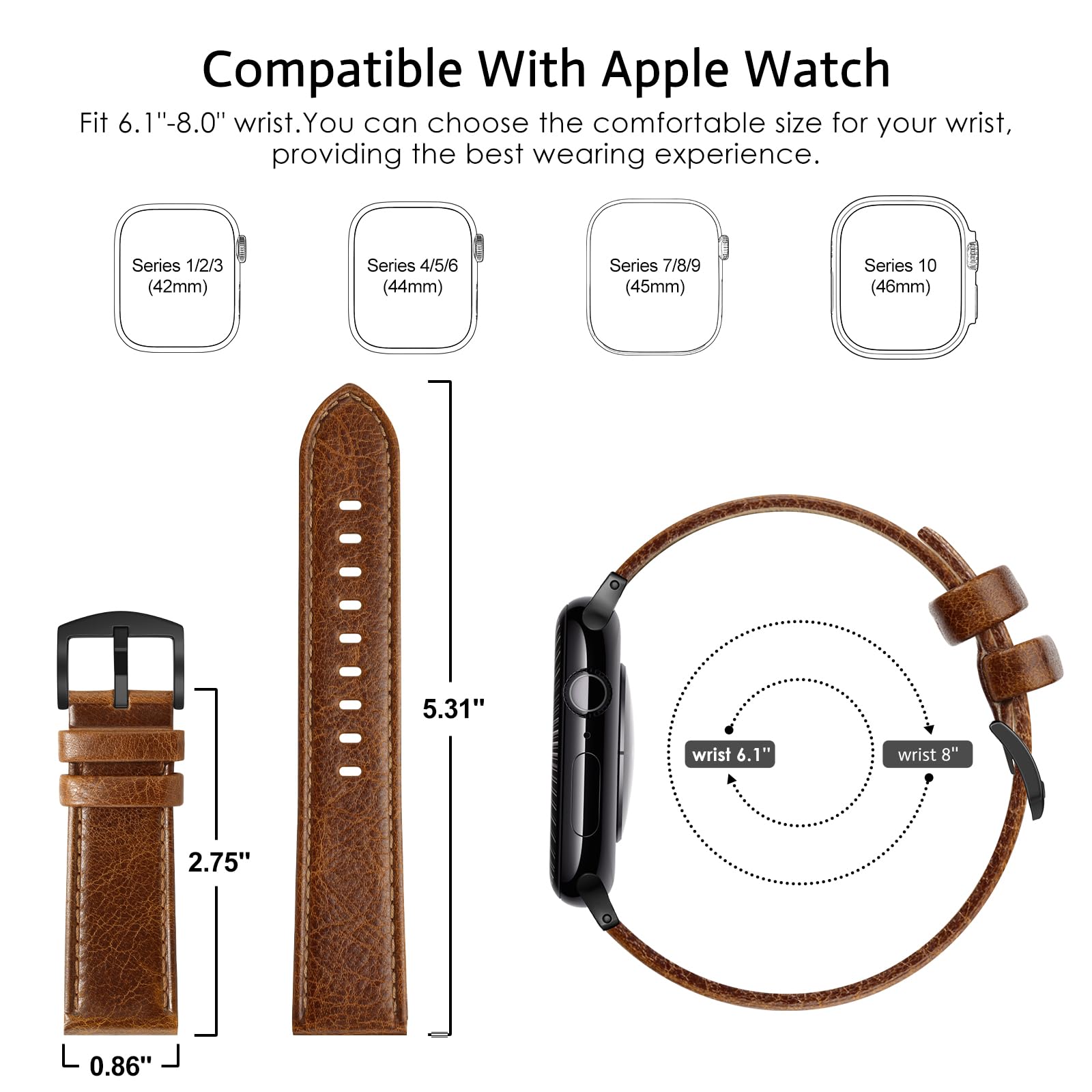 Edimens Unisex Watch Band, Suitable For Apple Watch 42Mm, 44Mm, 45Mm, 6.1 8.0 Inches, Stainless Steel Connectors, White Genuine