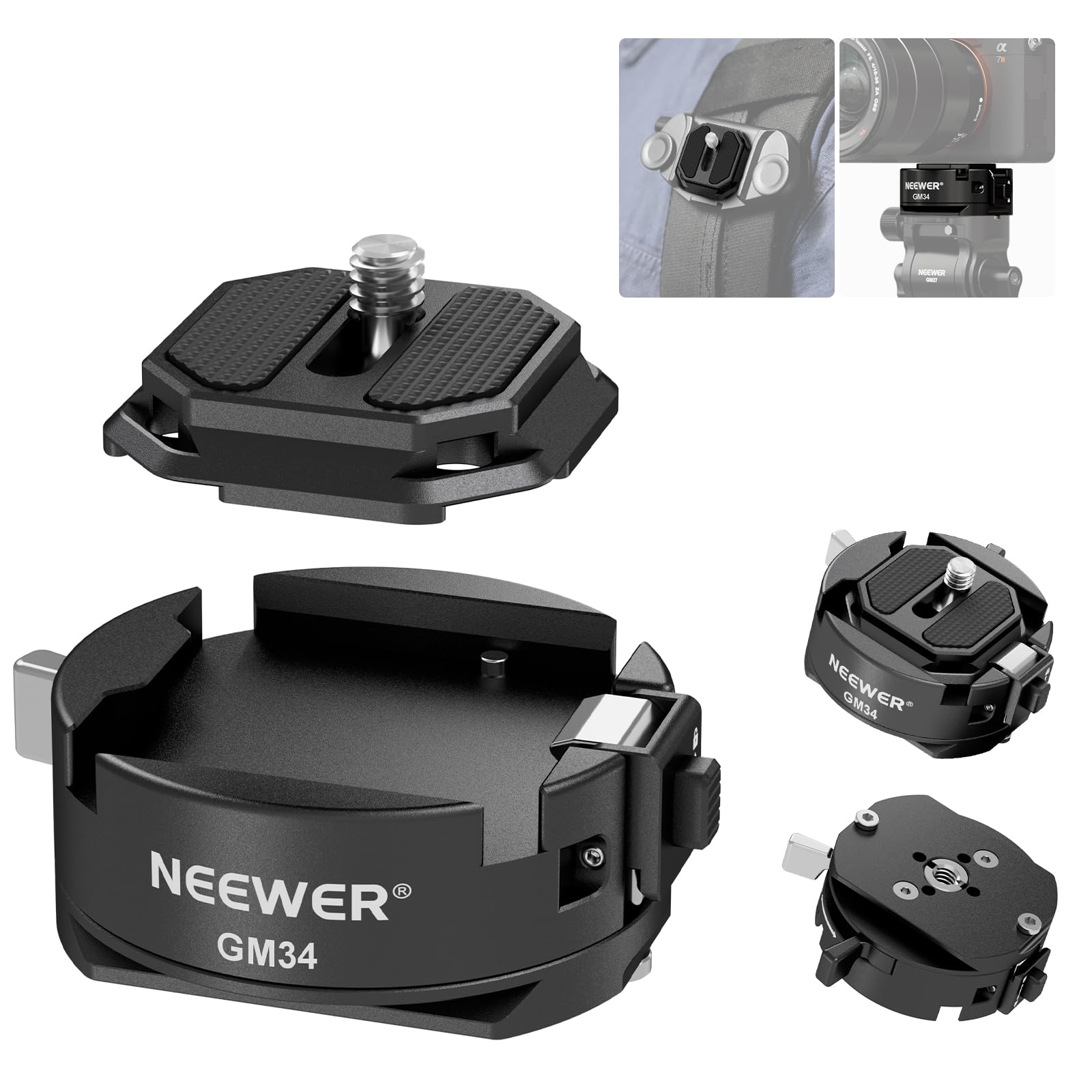 Neewer Gm34 Camera Quick Release Plate Kit, Quick Switch Auto Lock Square Qr Mount Plate With Arca Type Clamp Base, Compatible W