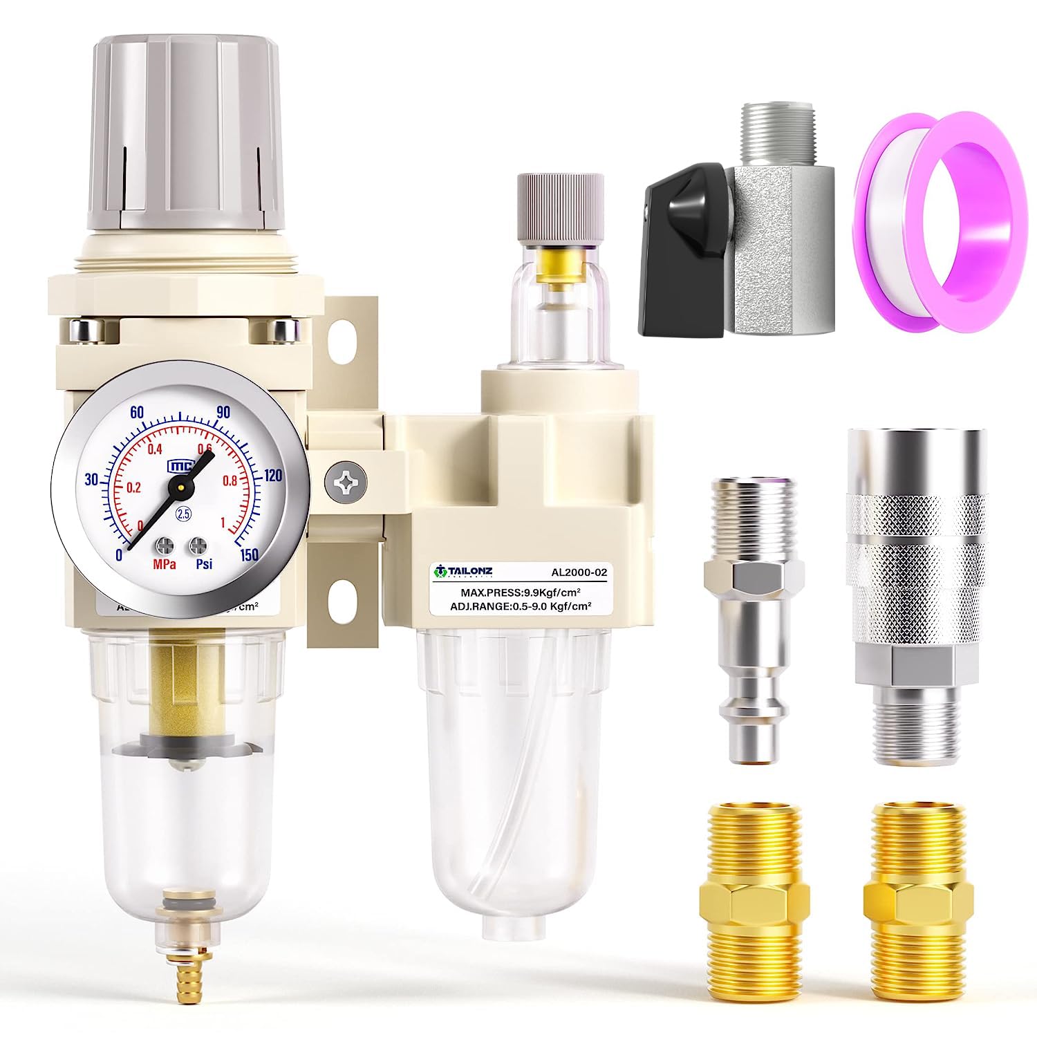 Tailonz Pneumatic 1/4 Inch Npt Air Filter Pressure Regulator Water/Oil Trap Separator Combo(0 145Psi),Air Tool Compressor Filter