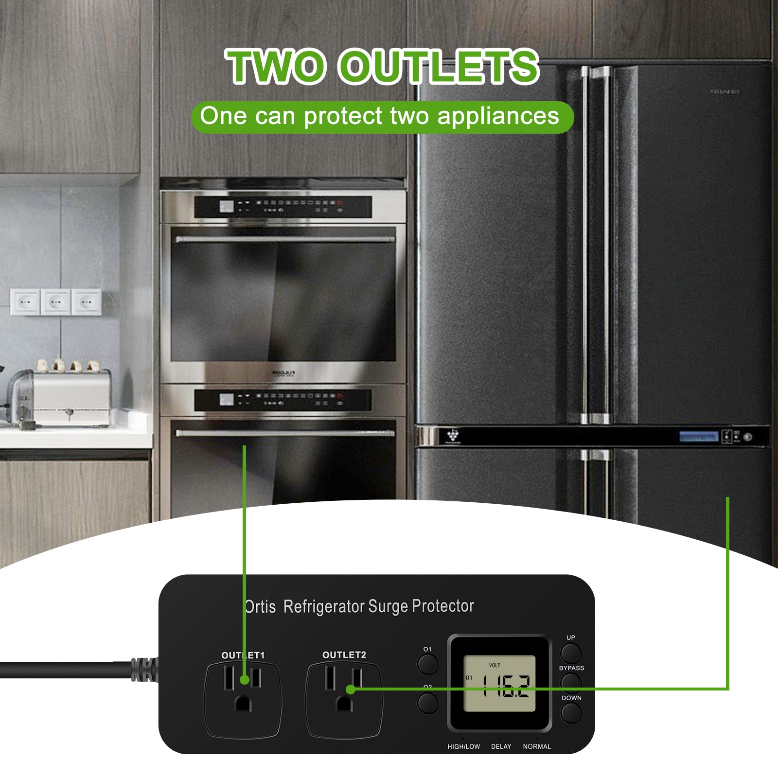 Refrigerator Surge Protector, Ortis Double Outlet Electronic Surge Protector For Home Appliances With Time Delay & Real Time Ele