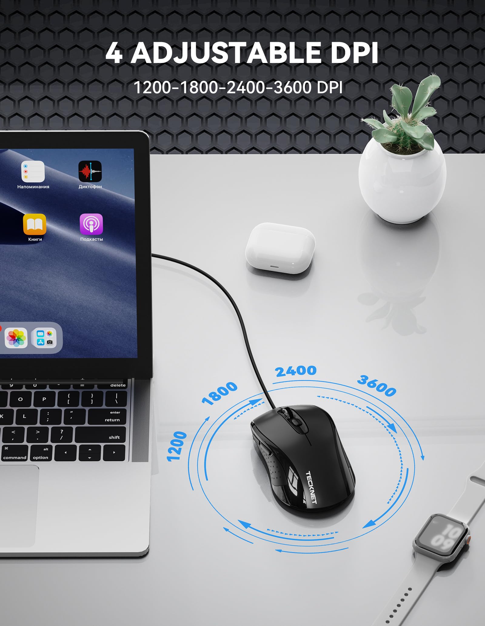 Tecknet Wired Mouse, Usb Wired Computer Mouse, 3600Dpi 4 Adjustable Levels, 6 Button Ergonomic Mice, Home And Office Mouse For Laptop Pc Desktop Notebook   Black