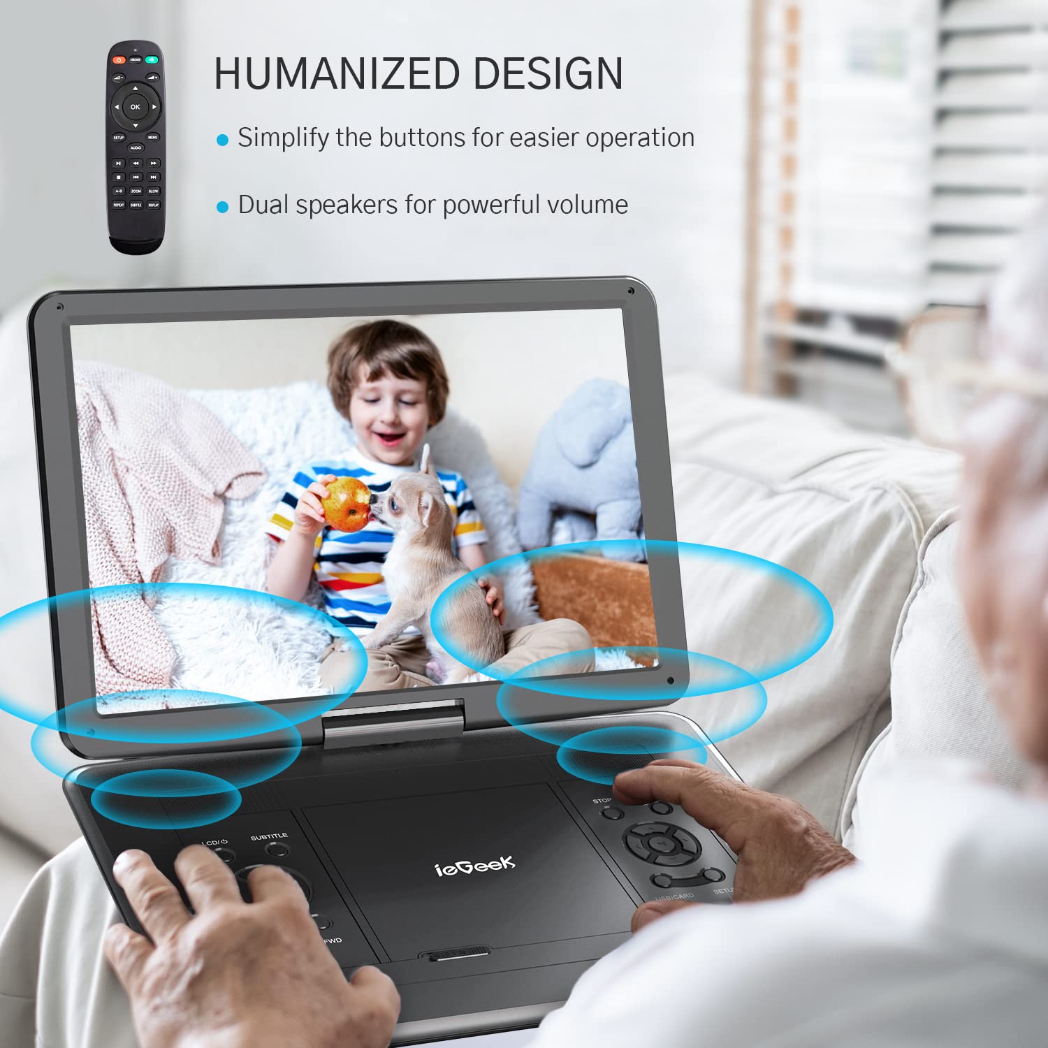 Iegeek 17.5'' Portable Dvd Player With 15.6'' Swivel Hd Large Screen, 6 Hrs 5000Mah Rechargeable Battery, High Volume Speaker, S