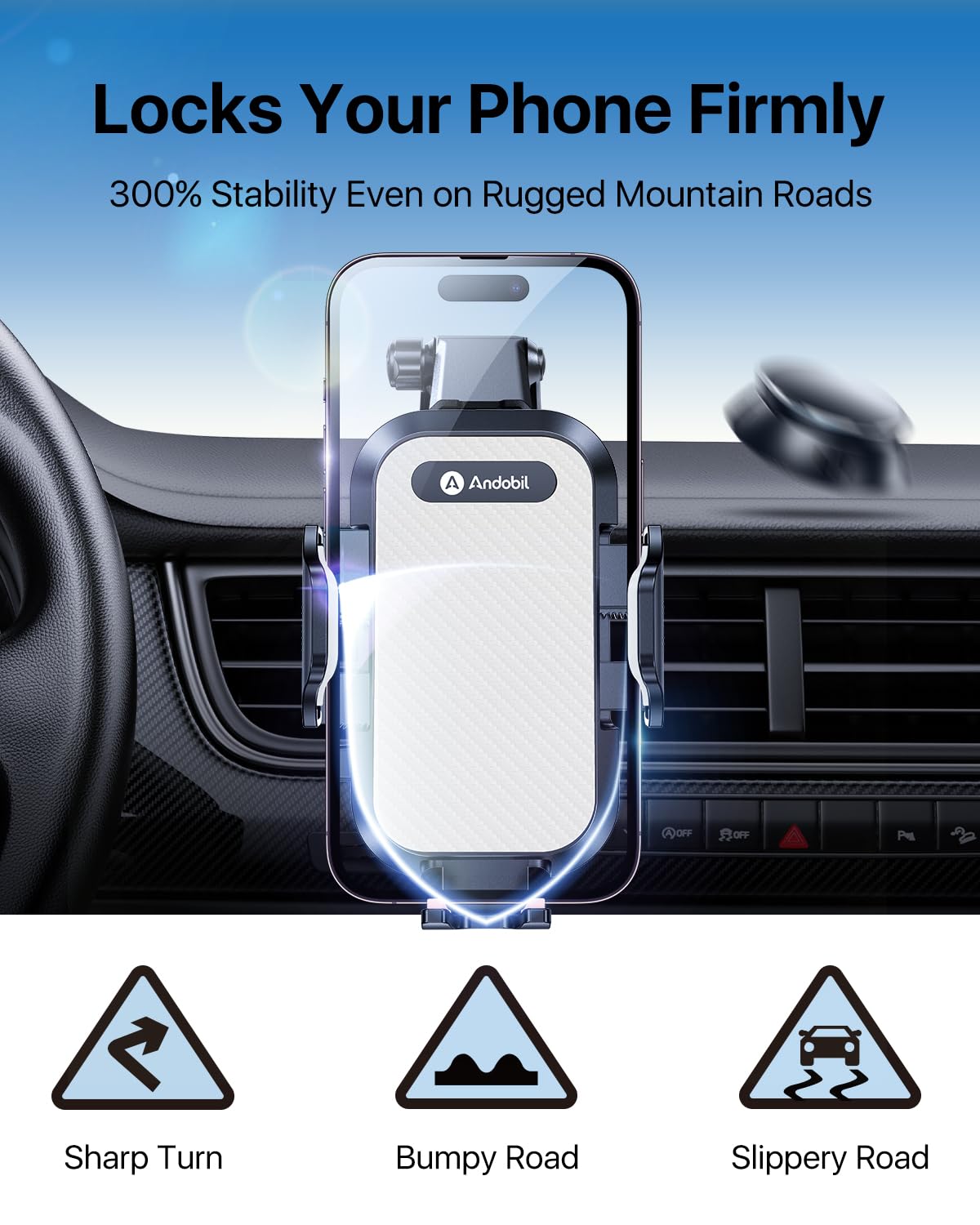 Andobil Newest Car Phone Holder Mount (Bumpy Roads Friendly) Military Grade Phone Holders For Your Car Dashboard Windshield Air