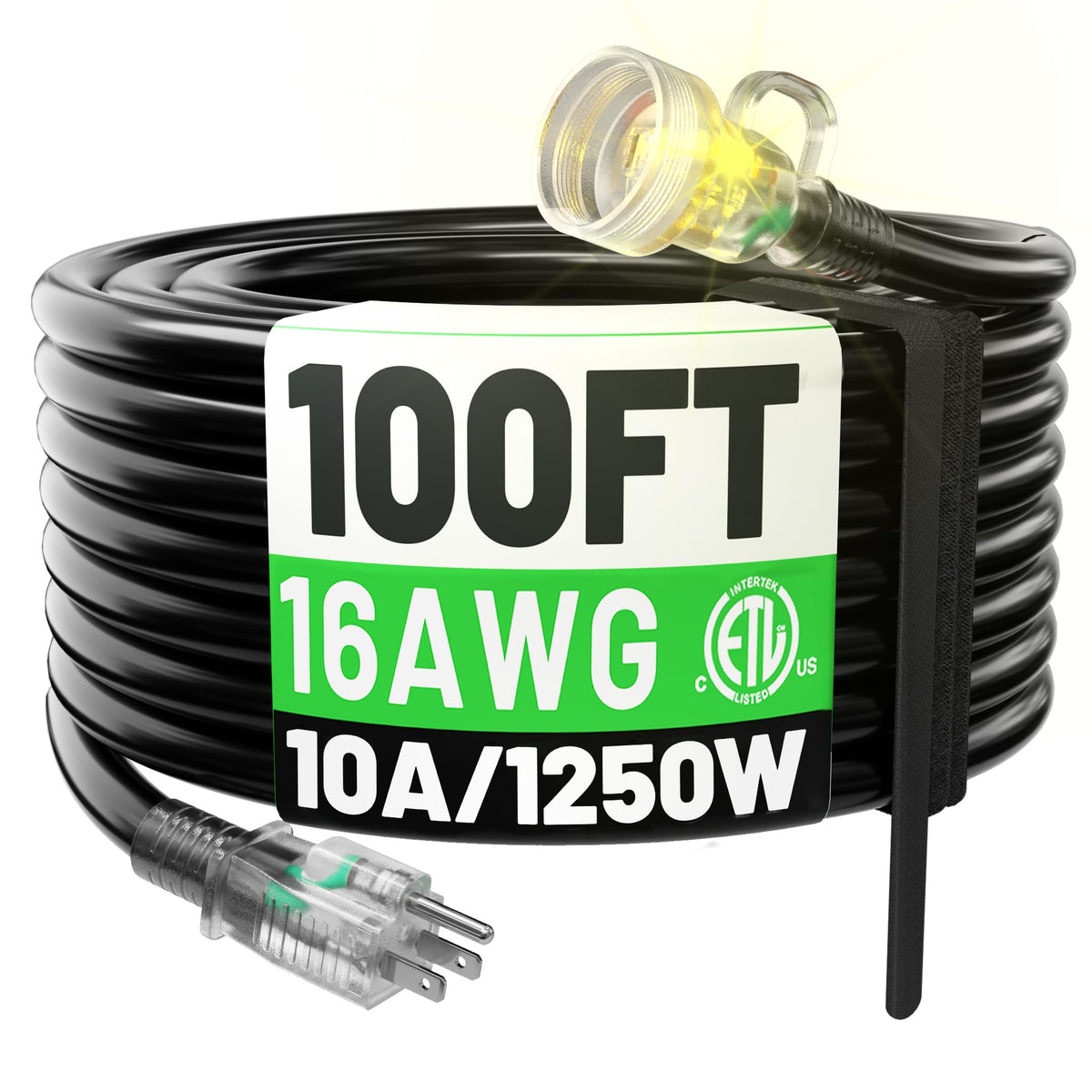 Powgrn 100Ft 16 Gauge Black Outdoor Extension Cord Waterproof, 3 Prong Flexible Cold Weatherproof  58? Heavy Duty Extension Cord