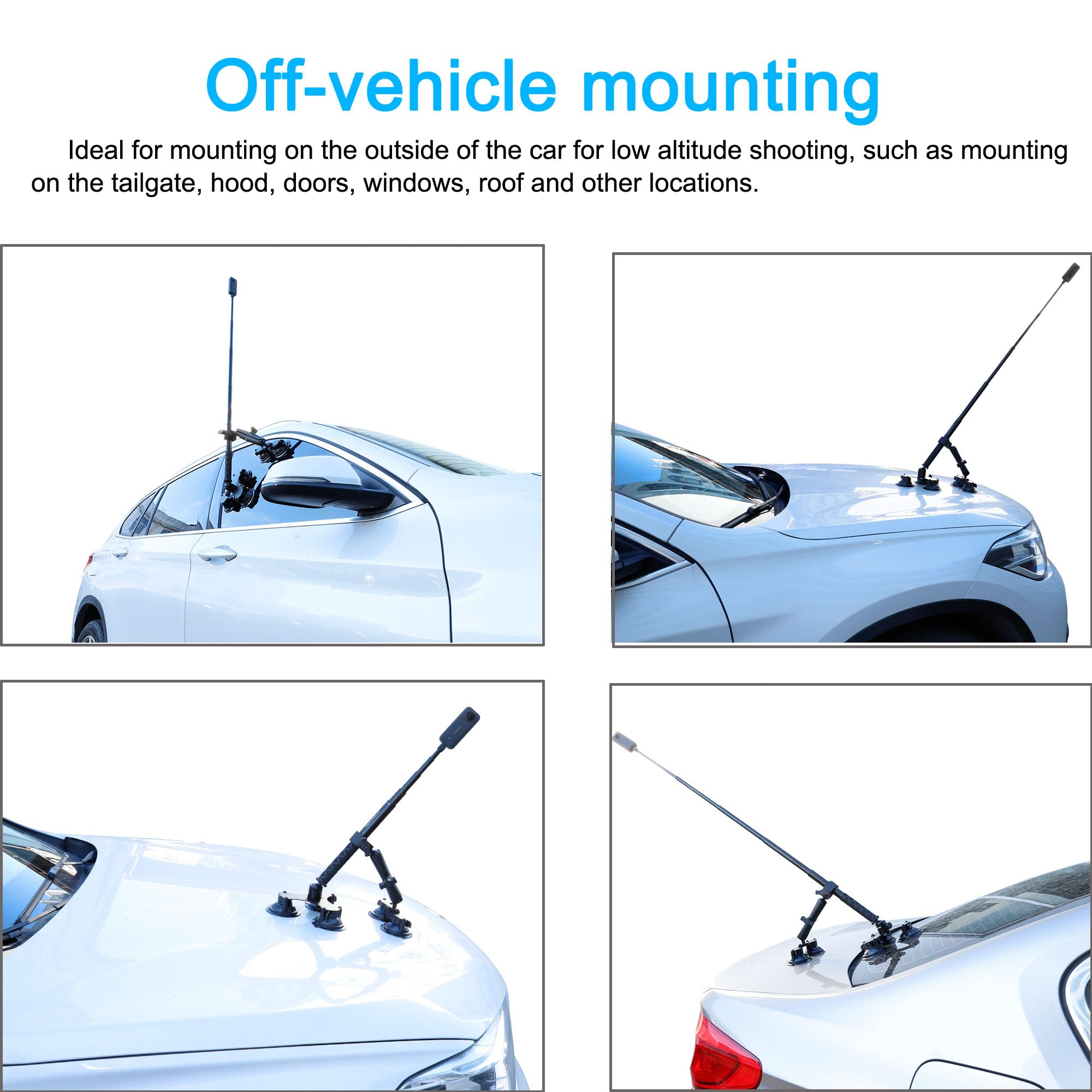 PellKing Suction Car Mount Kit for Insta360 & GoPro - 5-in-1 with 44.9-inch Selfie Stick, Black, Model 691685d8-95b