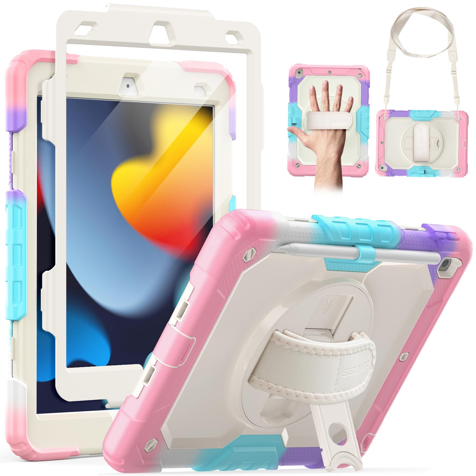 Seymac Kids Case For Ipad 9Th/8Th/7Th Generation Case 10.2', Full Body Shockproof Heavy Duty Protective Case With Screen Protector, Rotating Stand/Handle/Shoulder Strap For Ipad 10.2, Colorful Pink