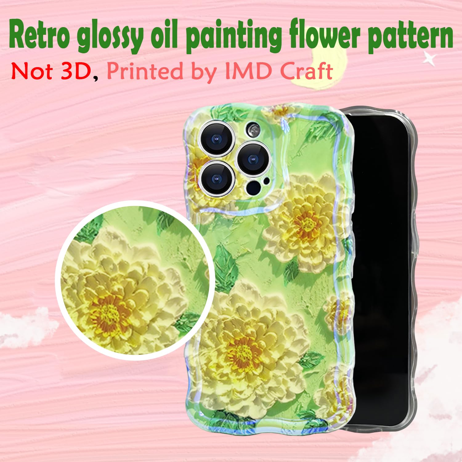 Gauterf Case For Iphone 14 Pro Case,Cute Colorful Retro Oil Painting Printed Rose Flower Laser Glossy Pattern,Curly Wave Edge So