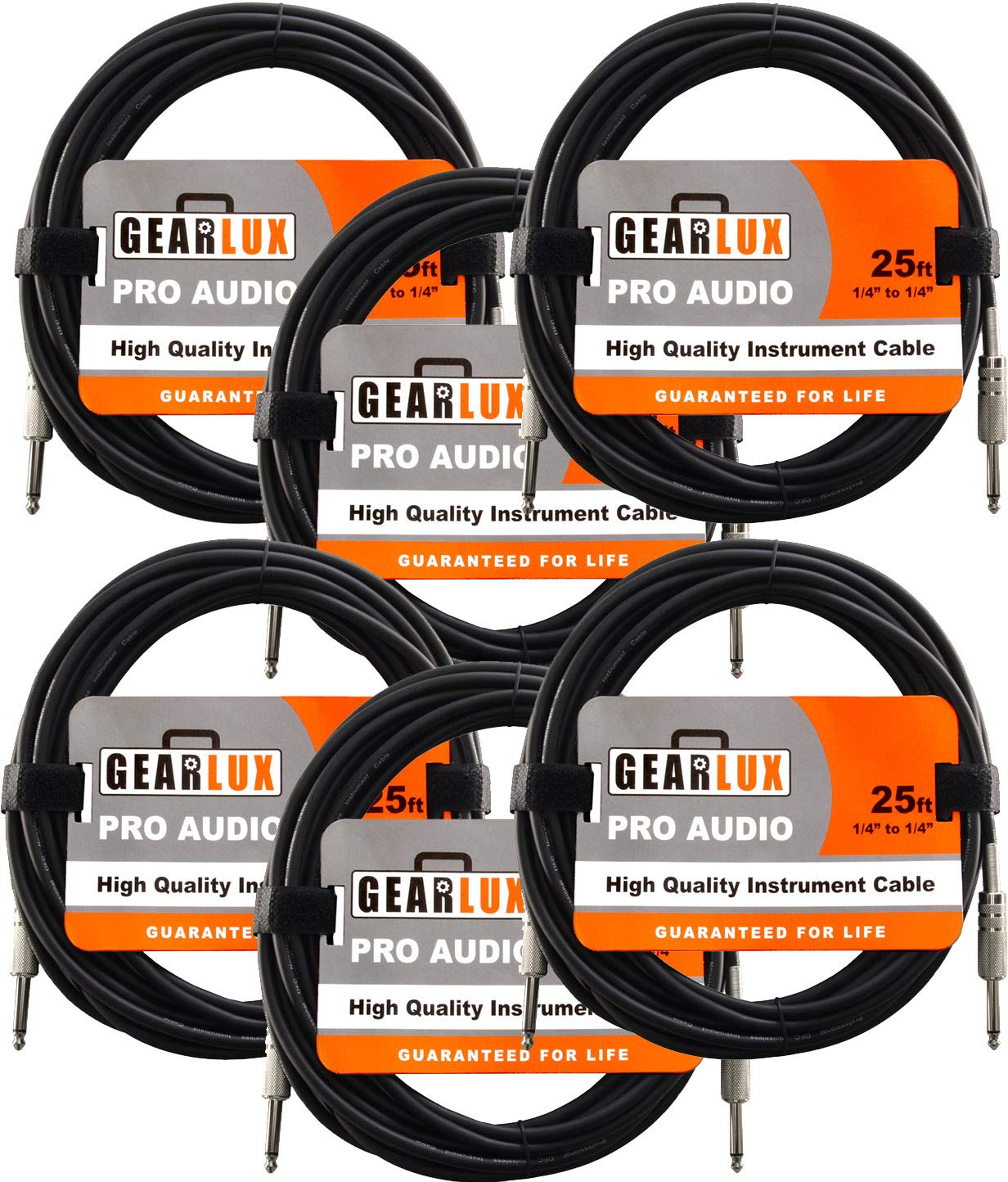 Gearlux Instrument Cable/Professional Guitar Cable 1/4 Inch To 1/4 Inch, Black, 25 Foot   6 Pack