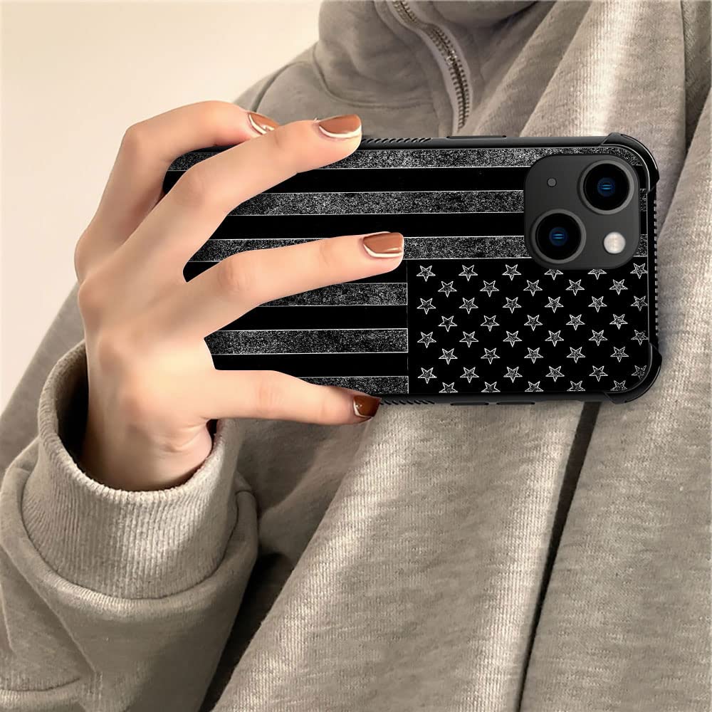 ZHEGAILIAN Phone Case Compatible iPhone 14 Plus Tempered Glass TPU Shock Protective Black White American Flag
