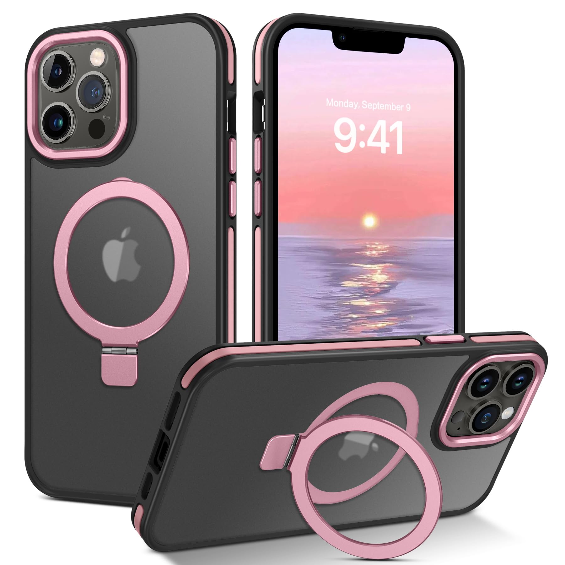 Veningo Iphone 13 Pro Max Case, Magnetic Slim Fit Magsafe Translucent Matte Car Mount Supported Foldable Ring Holder Kickstand S