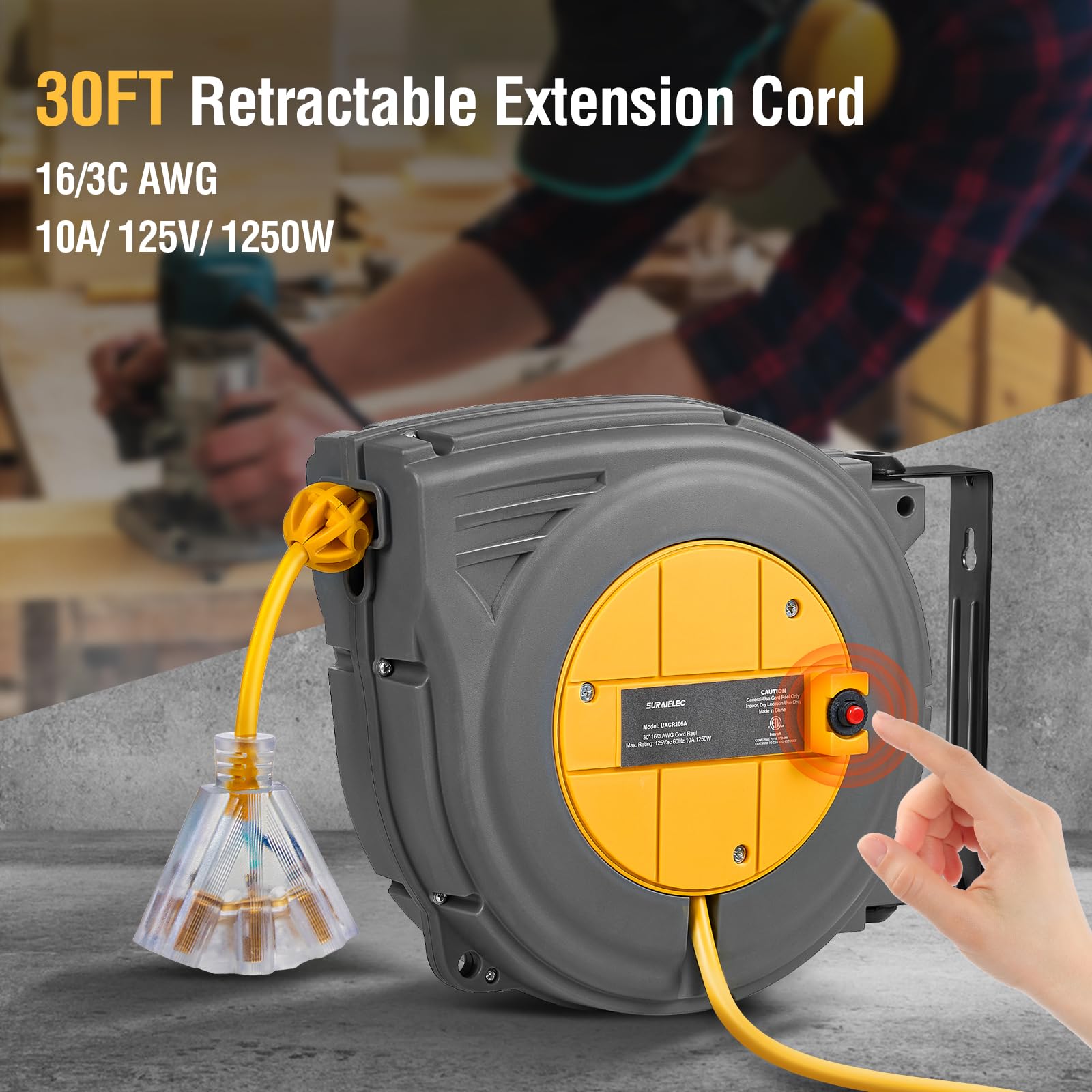 Suraielec 30 Ft Retractable Extension Cord Reel, 16Awg/3C Sjtw Power Cord Reel, 3 Electrical Outlets Triple Tap, 10A Circuit Bre