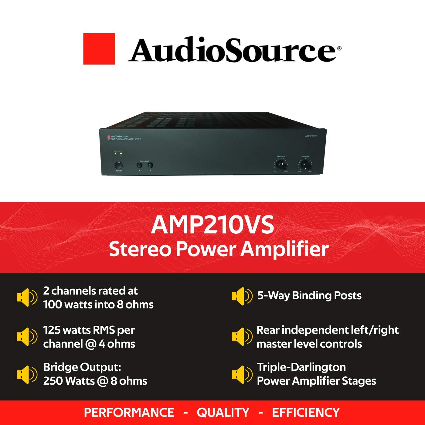 Audiosource Analog Amplifier, Stereo Power A Amplifier Amp210Vs For Home Sound Systems, Black