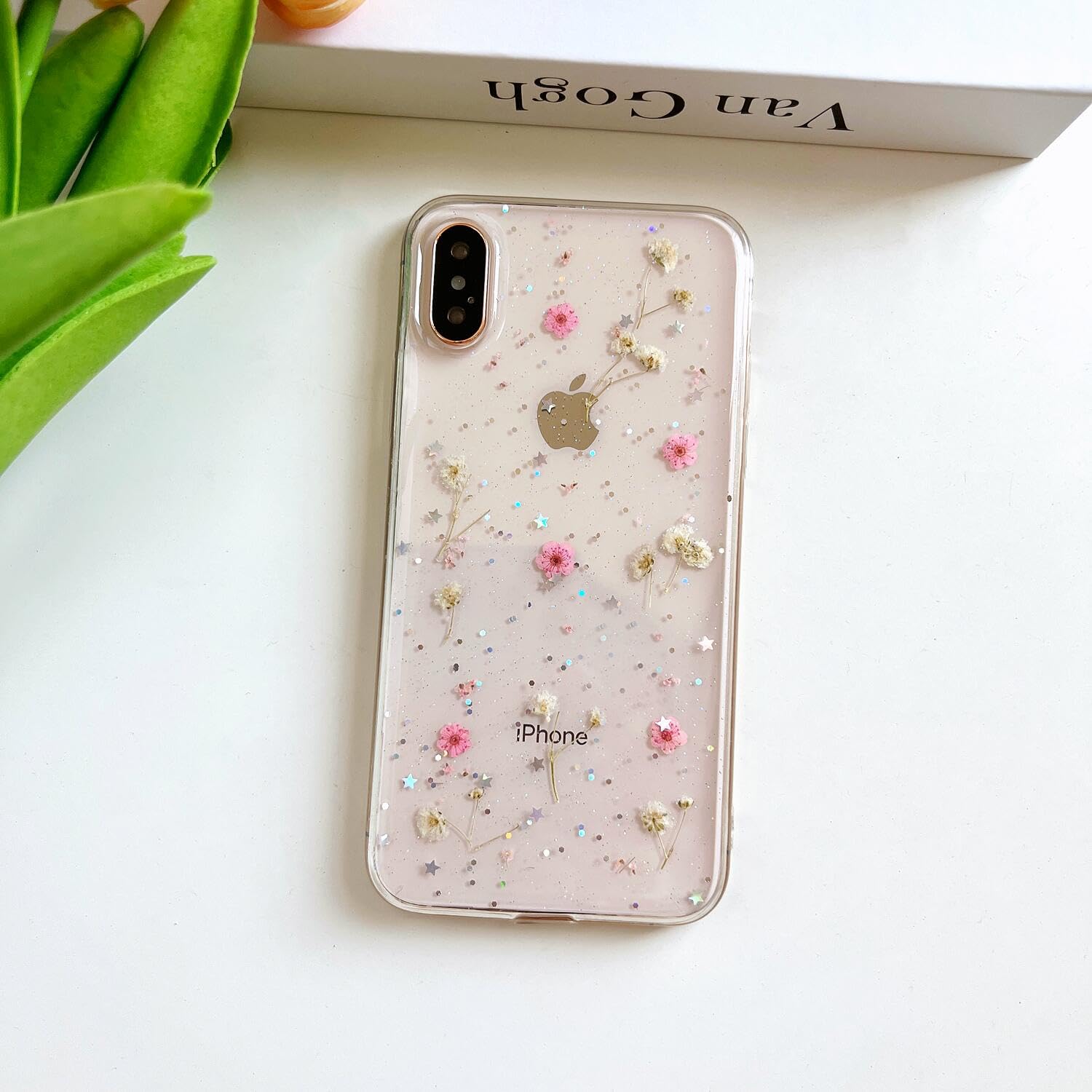 Lseeka For Iphone X/Iphone Xs Clear Case With Pressed Real Flowers Design,Glitter Cute Pink Floral Pattern Slim Soft Tpu Protect