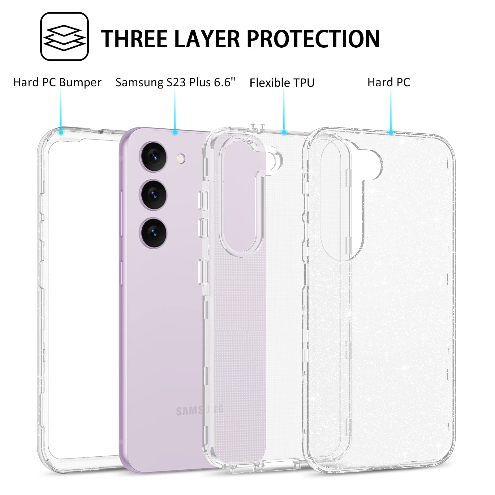 Duedue For Samsung Galaxy S23 Plus Case, Glitter 3 In 1 Heavy Duty Cover Hybrid Hard Pc Rugged Shockproof Transparent Bling Spar