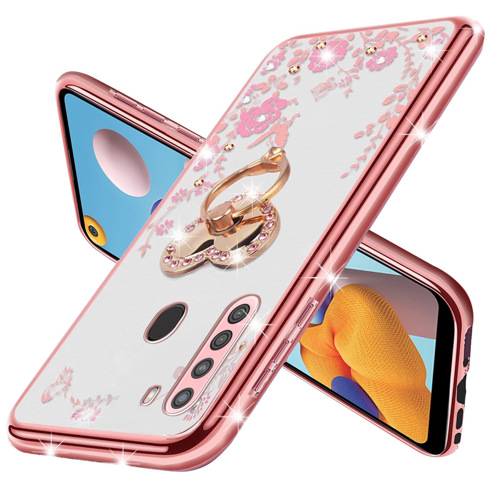 Kudini For Galaxy A21 Case, Samsung A21 Case For Women Girly Glitter Crystal Soft Tpu Bling Cute Butterfly Heart Floral Clear Pr