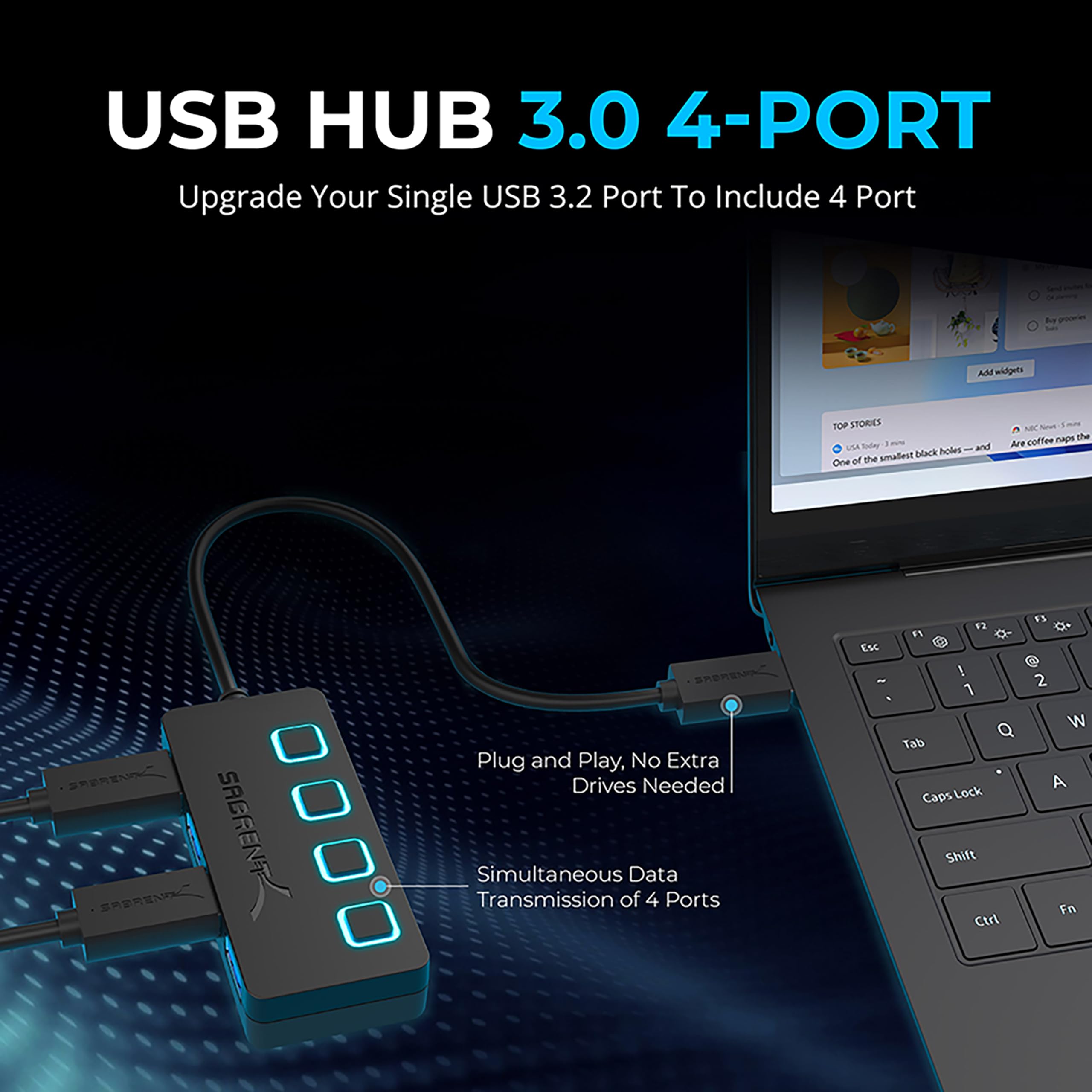 Sabrent 4 Port Usb 3.0 Hub With Individual Led Lit Power Switches, Includes 5V/2.5A Power Adapter (Hb Ump3)