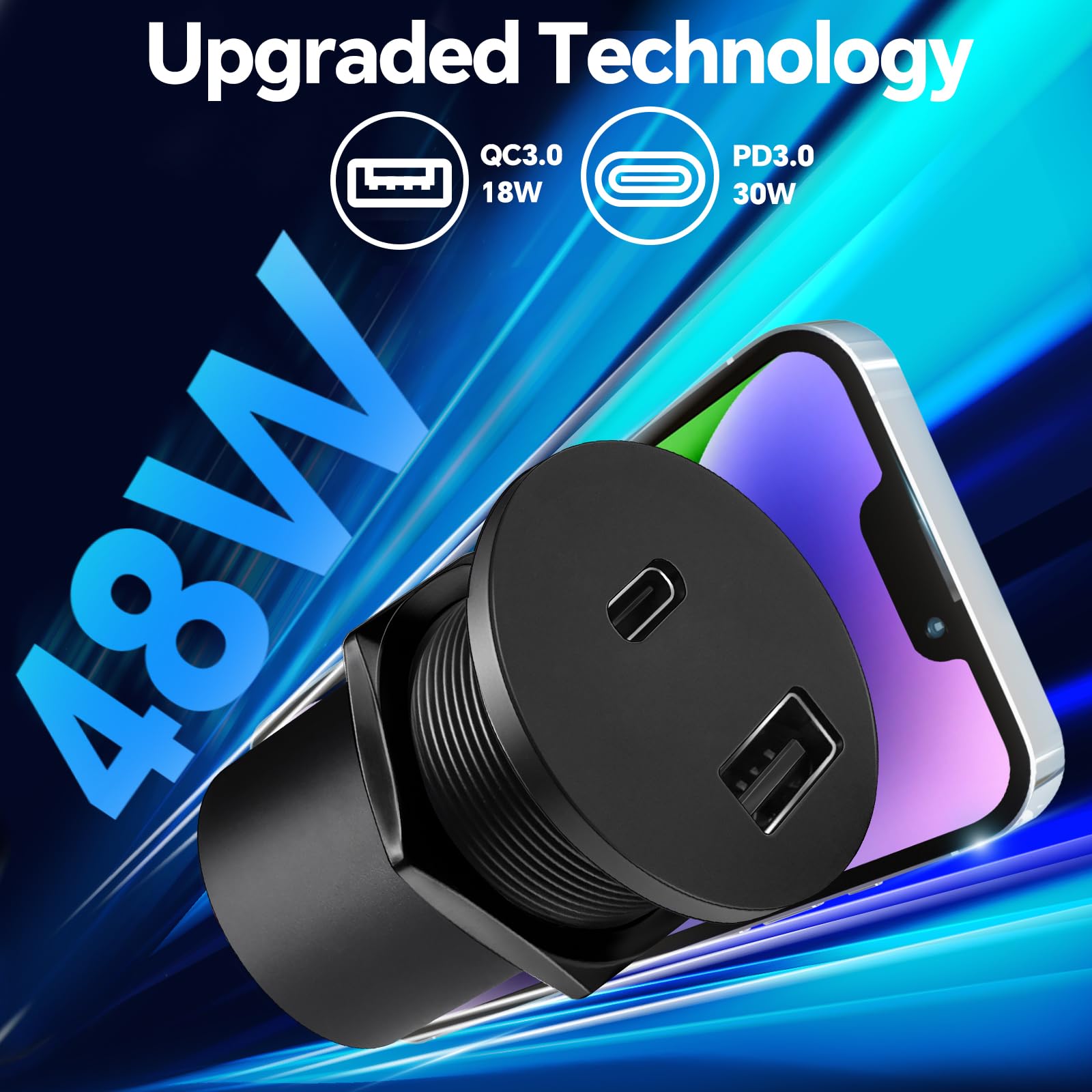 Acegoo 12V Usb Outlet 30W Pd Type-C & 18W Qc3.0 Aluminum Usb Charger Socket Dual Port Fast Charging Recessed Mount Replacement C