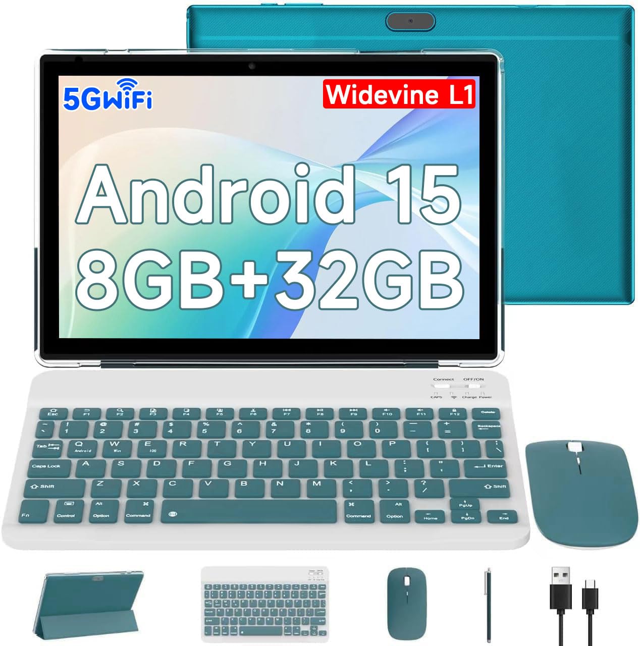 CUPEISI Android 15 Tablet 10.1 Inch 2 in 1 Tablets with Keyboard/Mouse/Case/Stylus, 8GB RAM+32GB ROM (Max 1TB), 1.8Ghz Quad-core