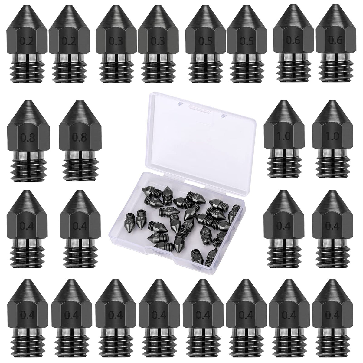 Luter 24Pcs 3D Printer Nozzles,Hardened Steel Nozzles Extruder For Mk8 0.2Mm, 0.3Mm, 0.4Mm, 0.5Mm, 0.6Mm, 0.8Mm, 1.0Mm With Stor