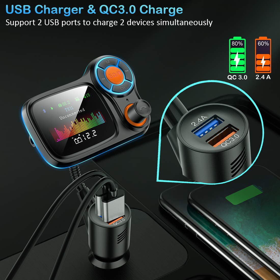 Tsnam Wireless Car Bluetooth Adapter,Radio Fm Transmitters Handsfree Call Receiver And Mp3 Music/App Audio Play,Qc3.0 And Smart