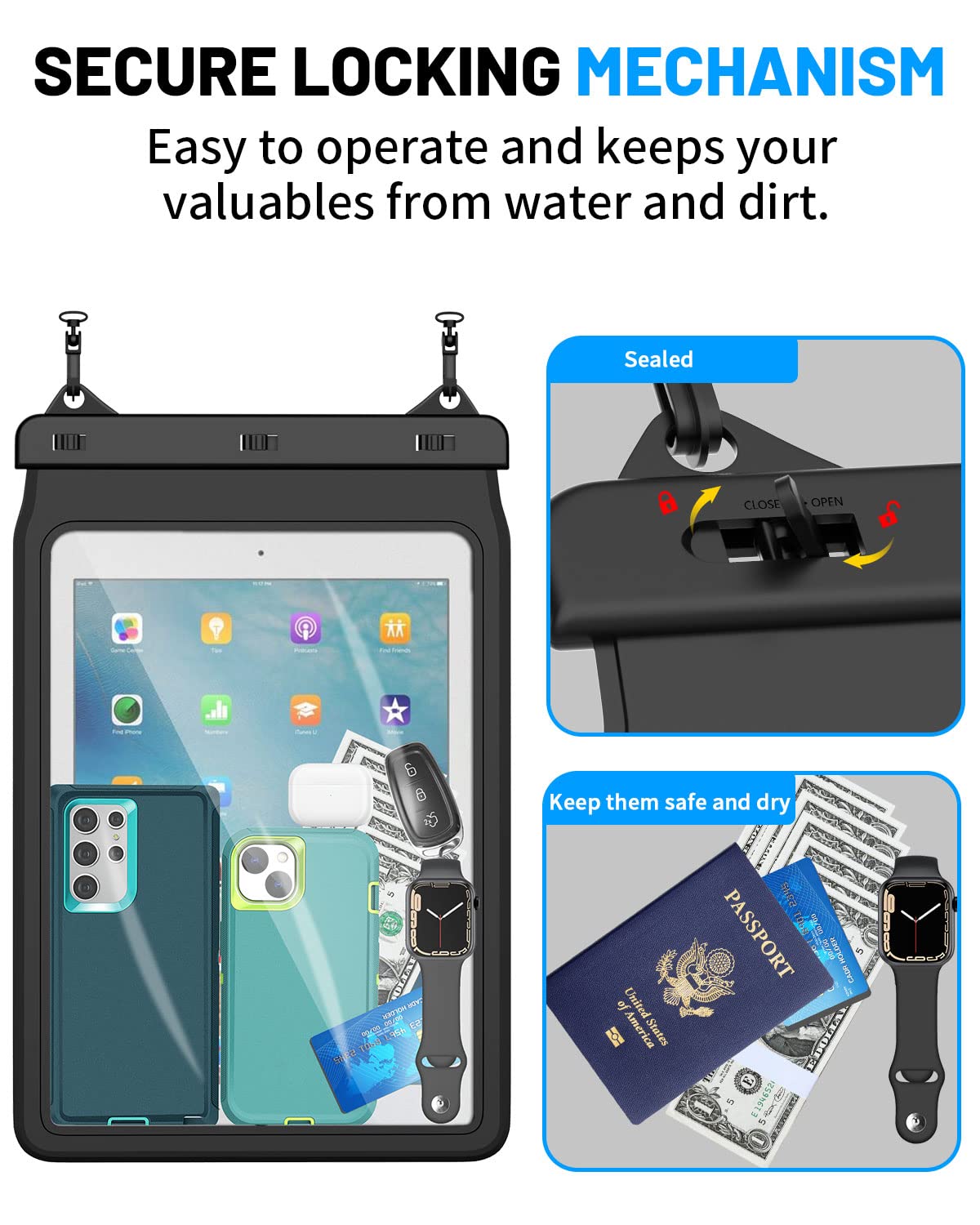 AICase Universal iPad Waterproof, Dry Bag Pouch for iPad Pro 12.9 5th/4th/3rd Gen iPad Pro 11/10.5/9.7, New iPad 9.7, iPad Pro 9.7, iPad Air 4/Air 3/Air 2, Galaxy Tab S7 Tablets up to 12.9 Inch