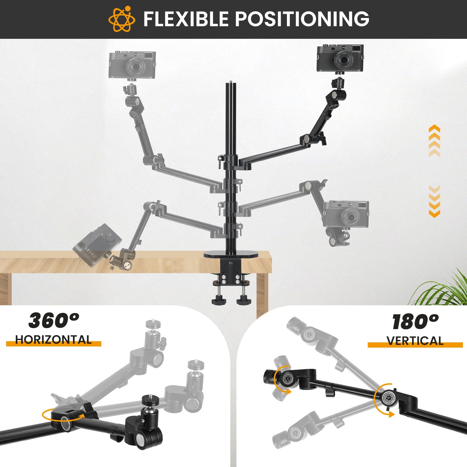 Tarion Camera Arm Mount Desk Stand: Heavy Duty Dslr Desktop Mount Camera Stand With Tablet Holder Double C Clamp 1/4 3/8 Screw Adapter Articulating Arm For Selfie Streaming Videography Titanrig Lite Z