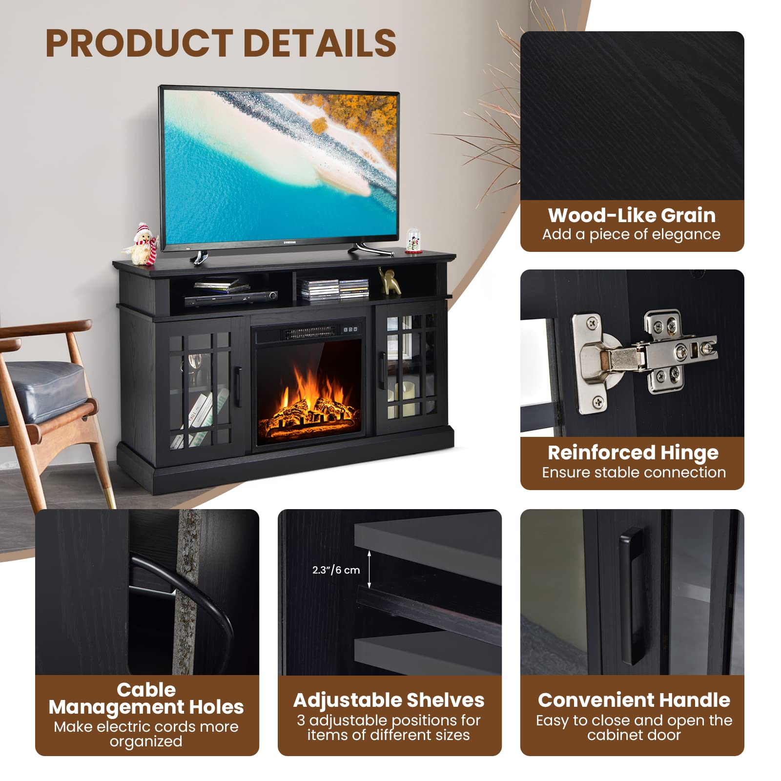 Simoe Modern 48 Inch Electric Fireplace Tv Stand, Tv Console For Tvs With 18 Fireplace Up To 55 Inch With 2 Open Shelves And Cab