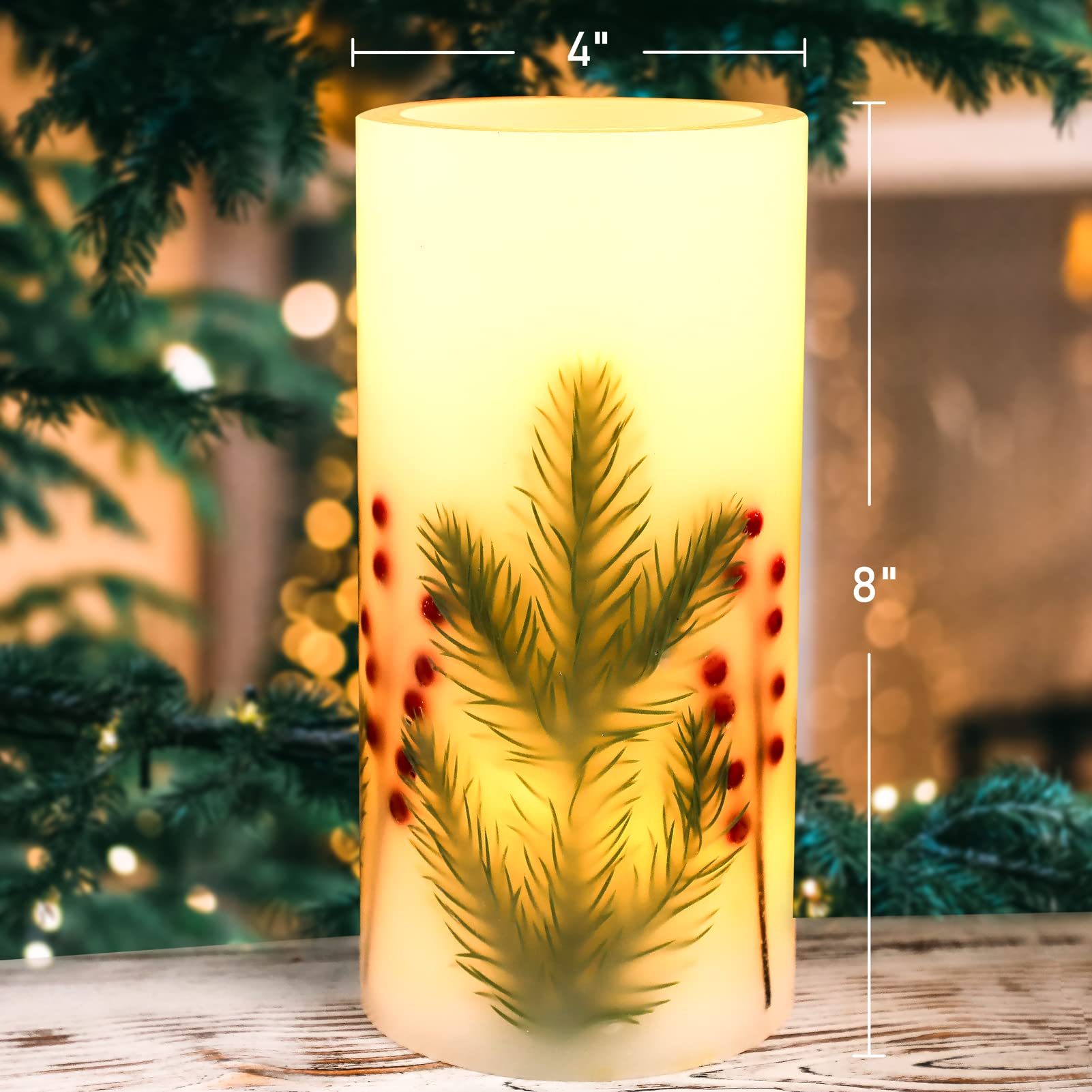 Flavcharm Led Candle 4 Inch By 8 Inch Embedded Pine Needle With Red Berry Handmade Craft Decorative Pillar Flickering Candle Bat