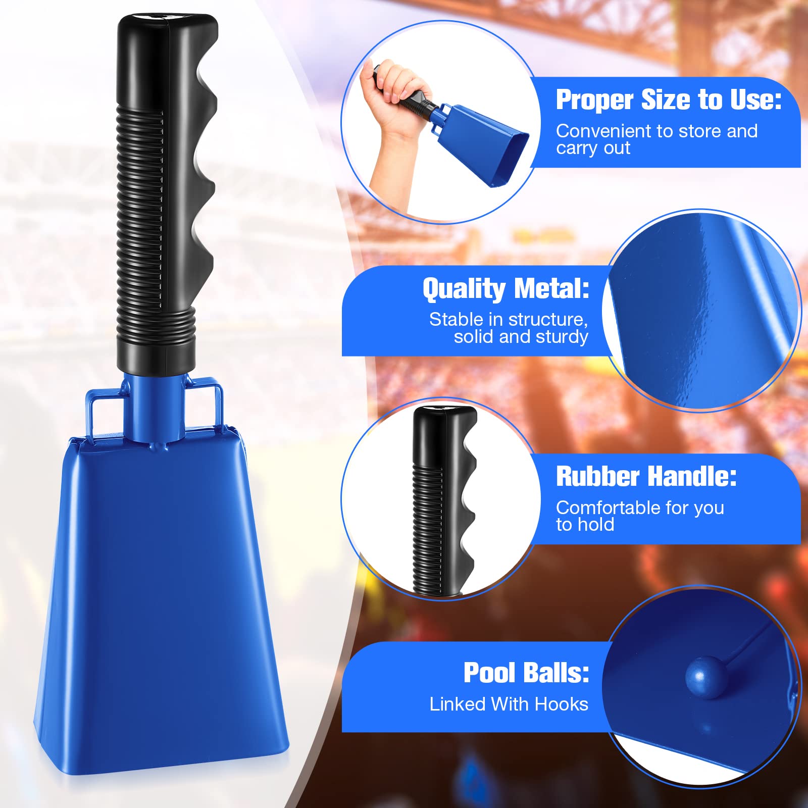 6 Pack Blue Cow Bell Noise Makers With Handles, Cowbell Cheering Bell For Sporting Events, Football Games, Large Solid School, M