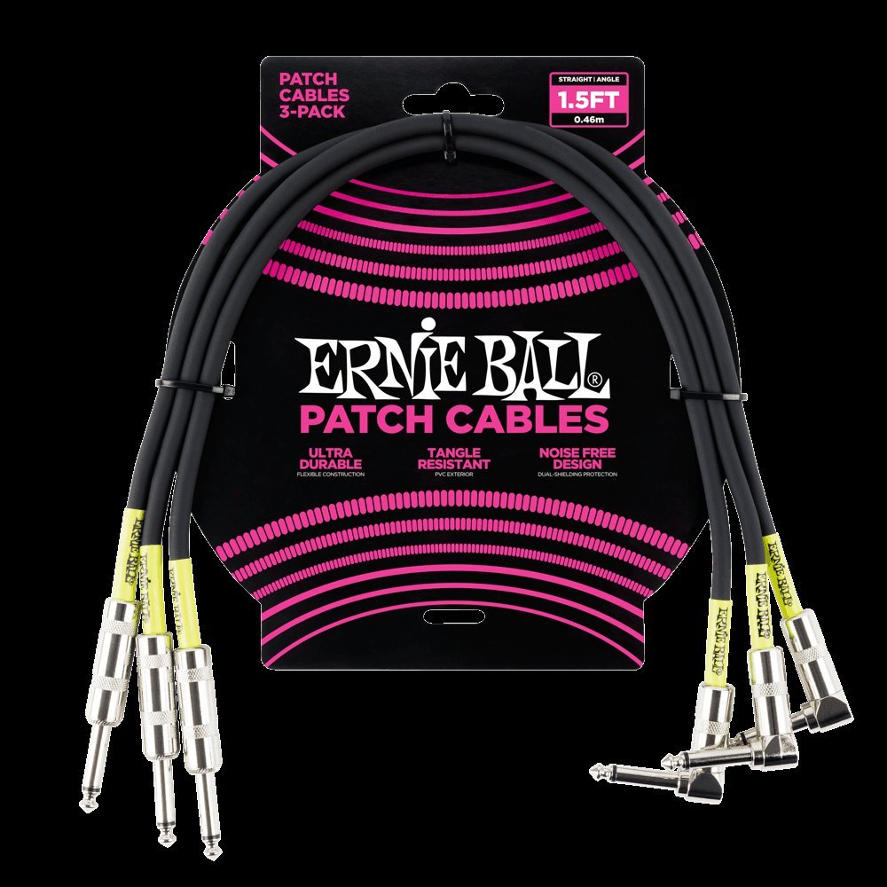 Ernie Ball Patch Cable 3 Pack, Straight/Angle, 1.5Ft, Black (P06076)