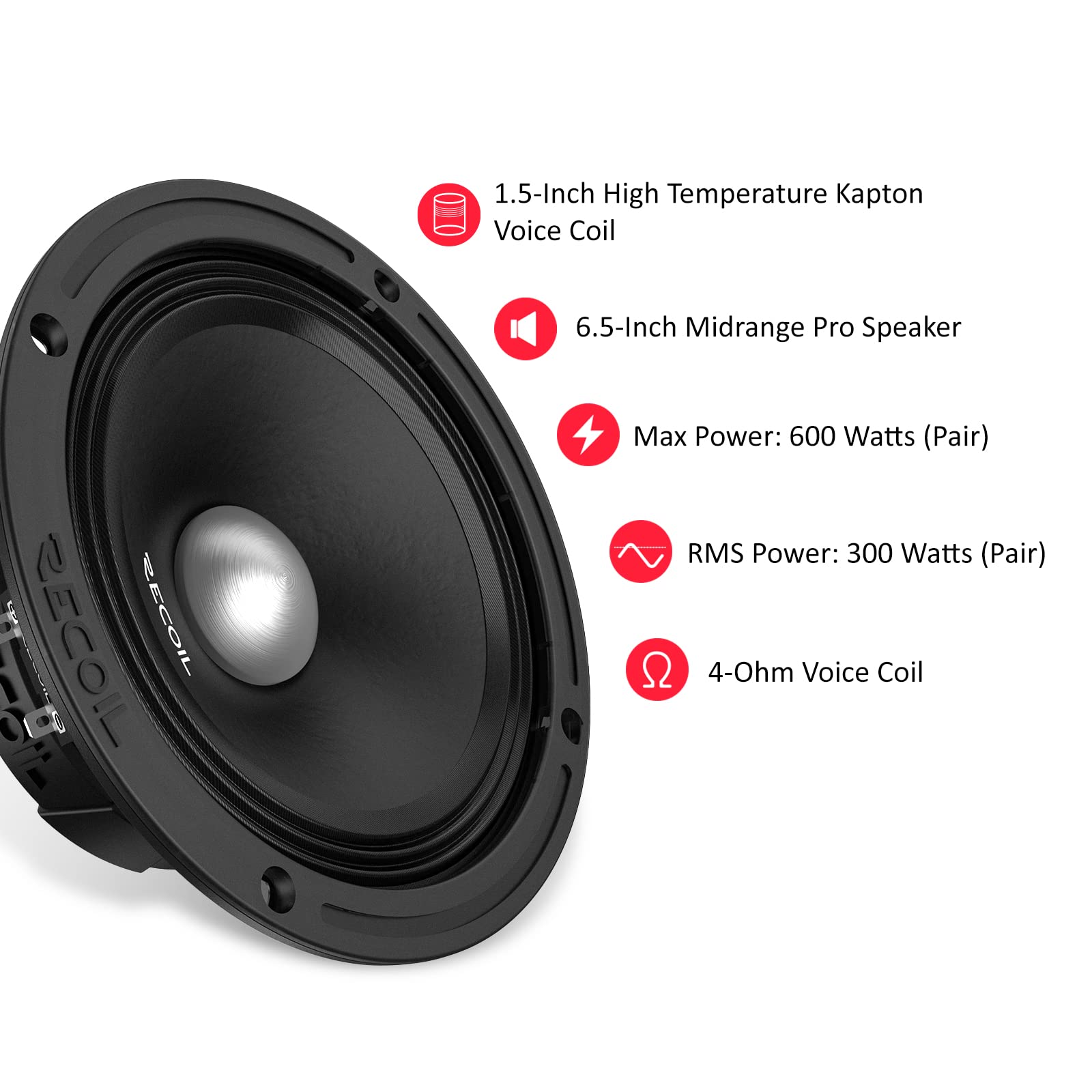 Recoil Ms65-4P 6.5-Inch Midrange Pro Audio Car Speakers, 600 Watts Max, 300 Watts Rms, 4Ohm, 1.5-Inch High Temperature Kapton Vo