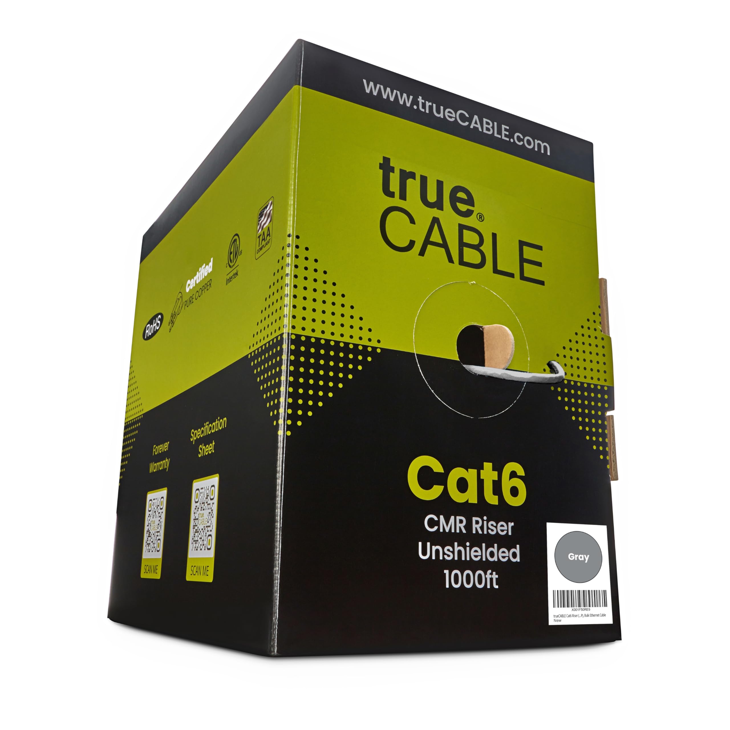 Truecable Cat6 Riser (Cmr)  1000Ft  Gray  23Awg 4 Pair Solid Bare Copper  550Mhz  Poe++ (4Ppoe)  Etl Listed  Unshielded Twisted Pair (Utp)  Bulk Ethernet Cable -Like New