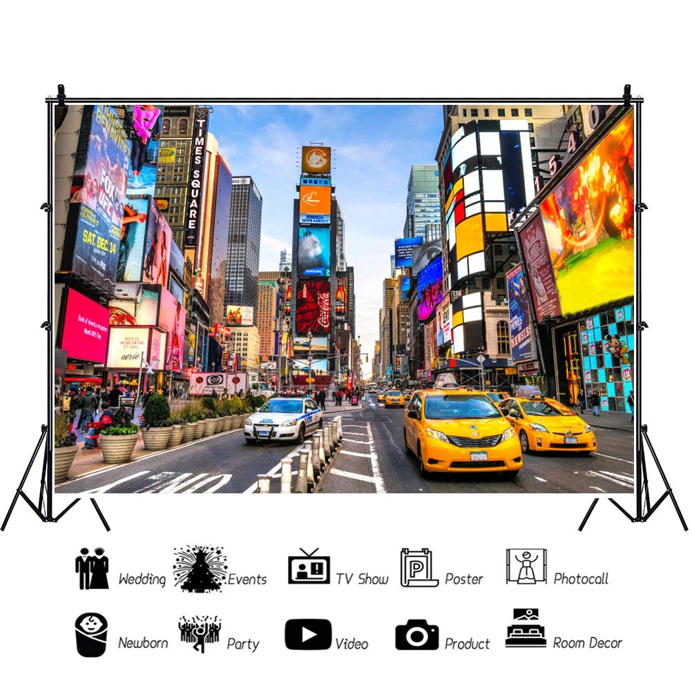 Laeacco 10X8Ft New York Times Square Background Modern City Skyscrapers Vinyl Photography Backdrops Clear Sky Various Advertising Board Yellow Taxi Car Financial District Film Shooting Video Studio