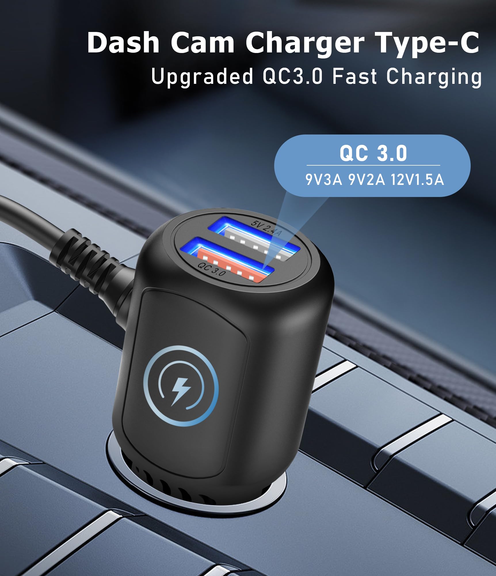 Dash Cam Charger Usb C,Type C Dash Cam Power Cord,Dual Usb Fast Charger, Compatible With Redtiger F7N Series,Vantrue N4 And N2S Series,Wolfbox Mirror Cam,Azdome,Pelsee And Gps Navigator(11.5Ft)