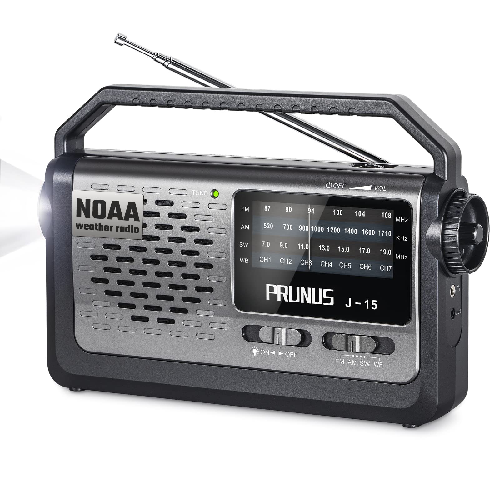 Noaa Weather Am Fm Portable Radio With Best Reception,Flashlight, Earphone Jack,Battery Operated Radio By 3X D Cell Batteries Or Ac Power For Ice Storms Emergency Use,Plug In Wall By Prunus J15Wb