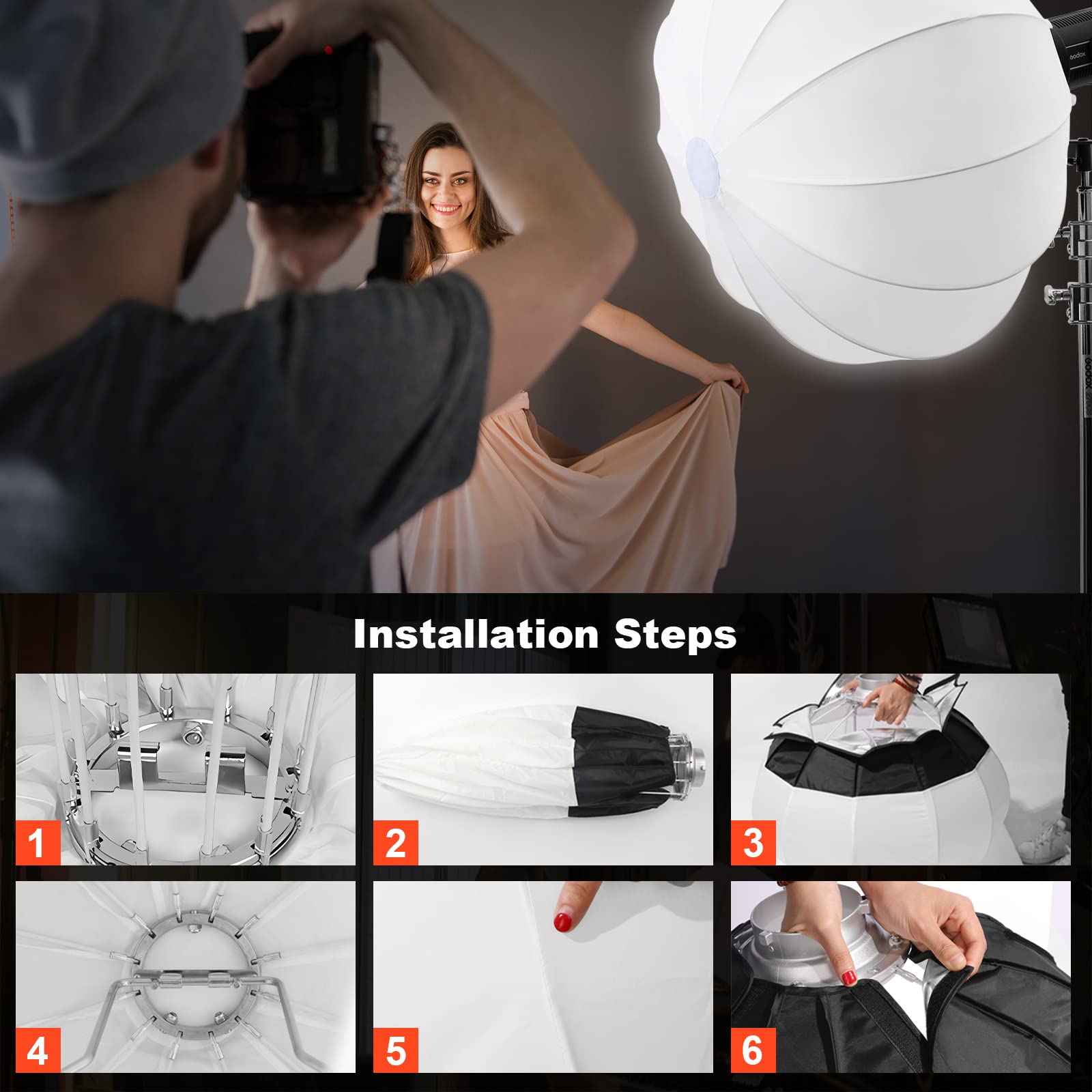Soonpho 25Inch/65Cm Foldable Lantern Softbox, Portable Ball Shape Soft Box Compatible For Godox Neewer Speedlite Studio Strobe F