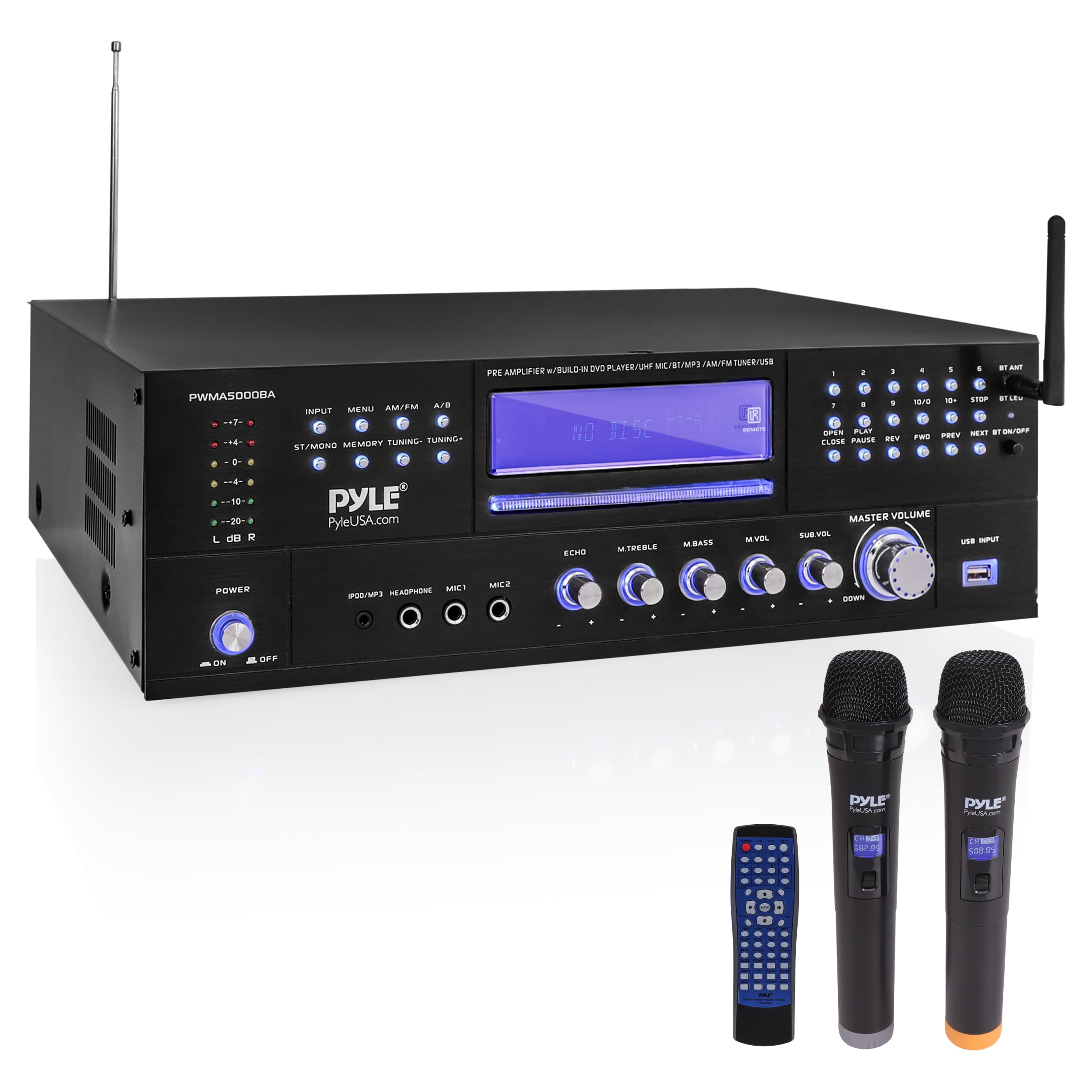 Pyle 4 Channel Karaoke Home Wireless Microphone Amplifier   Audio Stereo Receiver System, Built In Cd Dvd Player, Dual Uhf Wirel