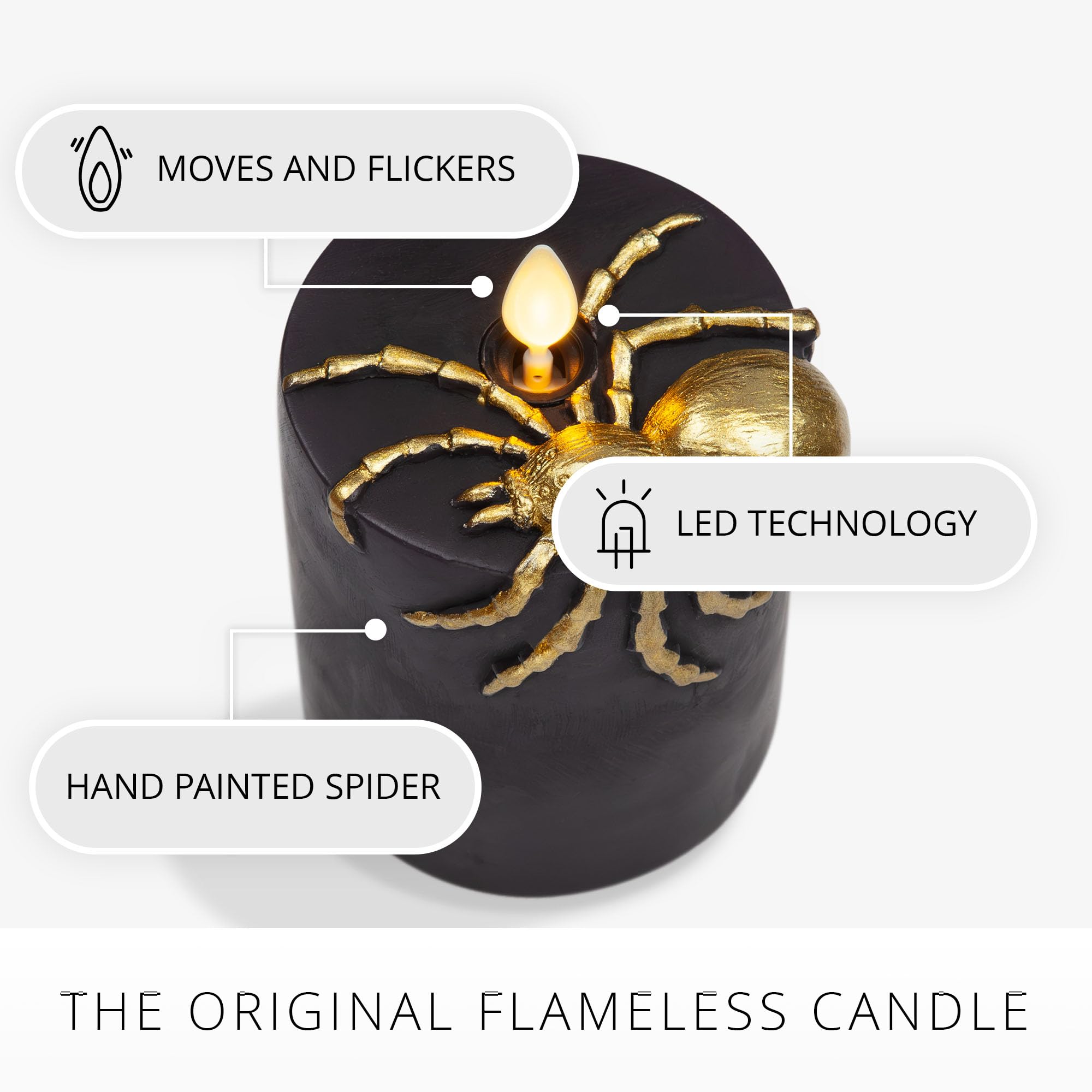 Luminara Black And Gold Spider Flameless Led Candle, Flat Top Moving Flame Pillar, Real Unscented Wax And Timer (3'' X 4.5'')