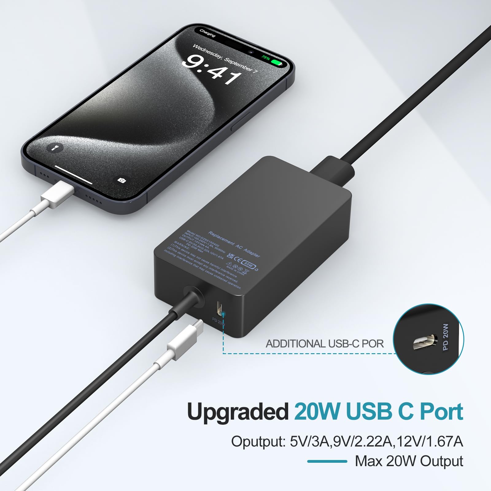 65W 15V 4A Surface Pro Charger Relacement For Microsoft Surface Pro 10, 9, 8, 7+, 7, 6, 5, 4, 3, X, Surface Laptop 6, 5, 4, 3, 2