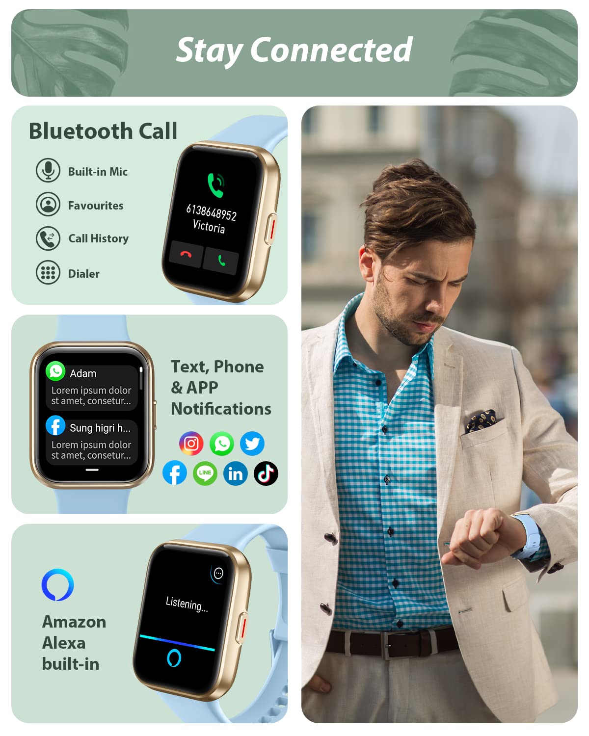 Smart Watch For Men Women(Call Receive/Dial), Alexa Built In, 1.7'' Touch Screen Fitness Tracker With Heart Rate Sleep Tracking,